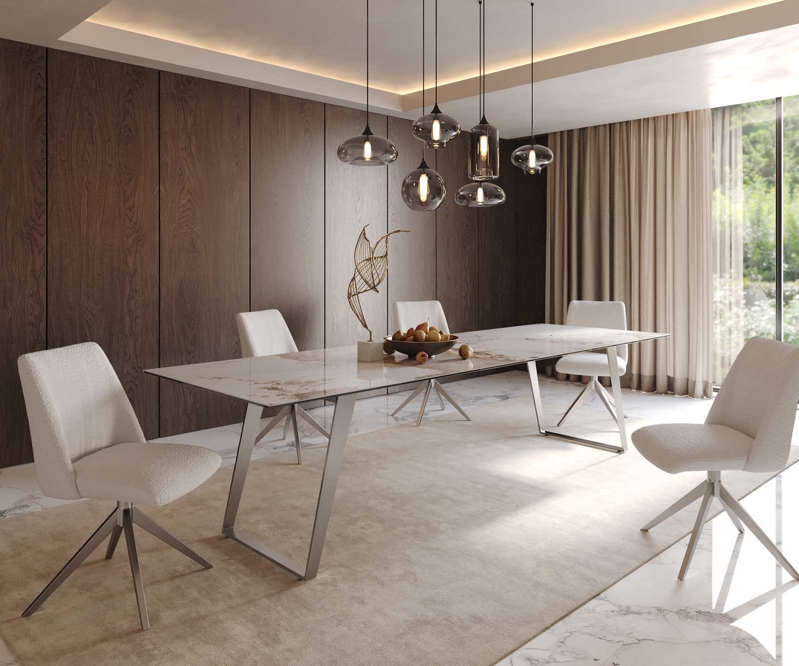 Eetkamertafel Edge 300x100 keramiek Minas Melange wit-beige RVS schuin 8