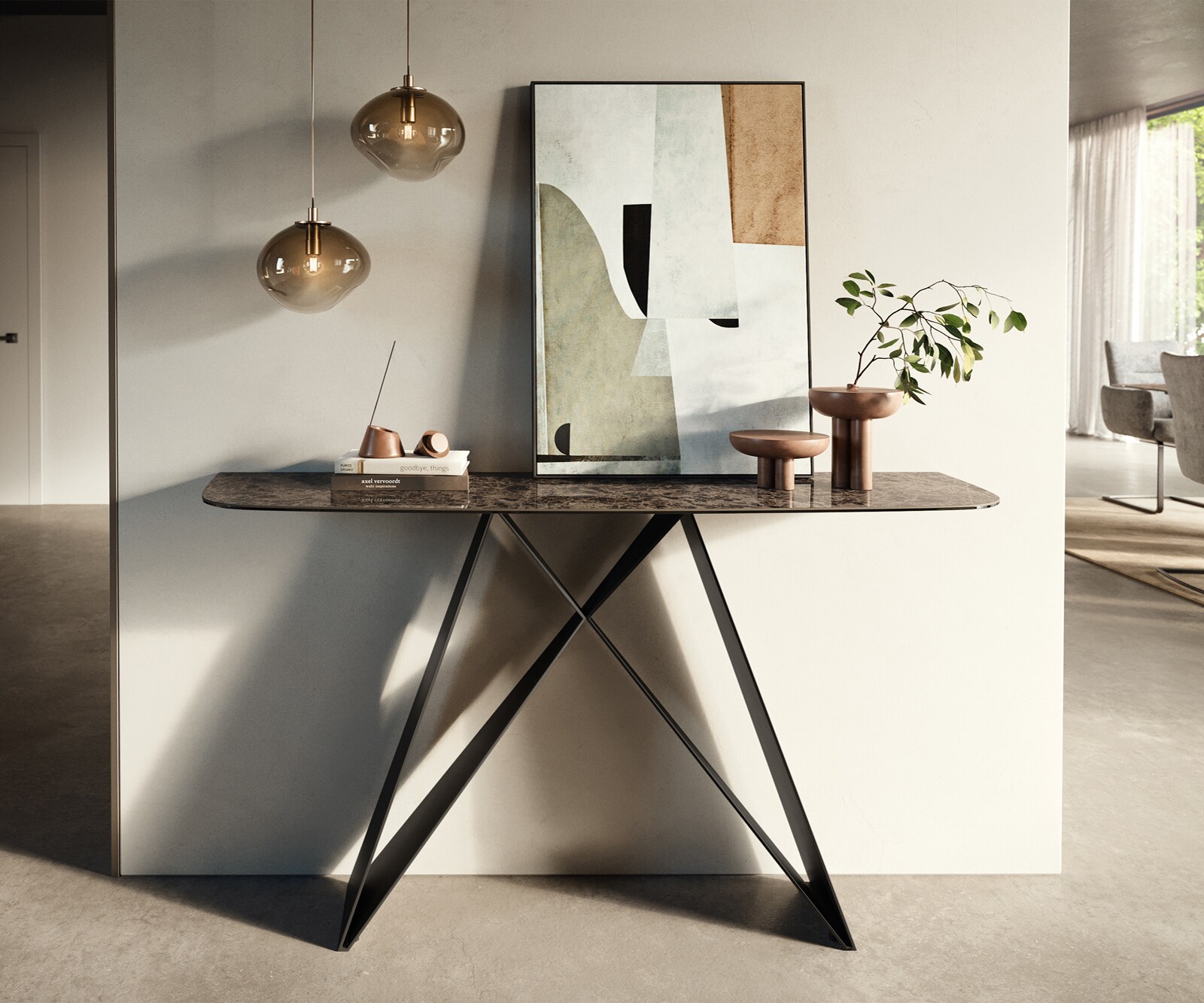 Consoletafel Edge Bootvorm 140x40 cm Keramiek Emperador Extra Lucidato Dunkelbraun Velio Metaal Zwart