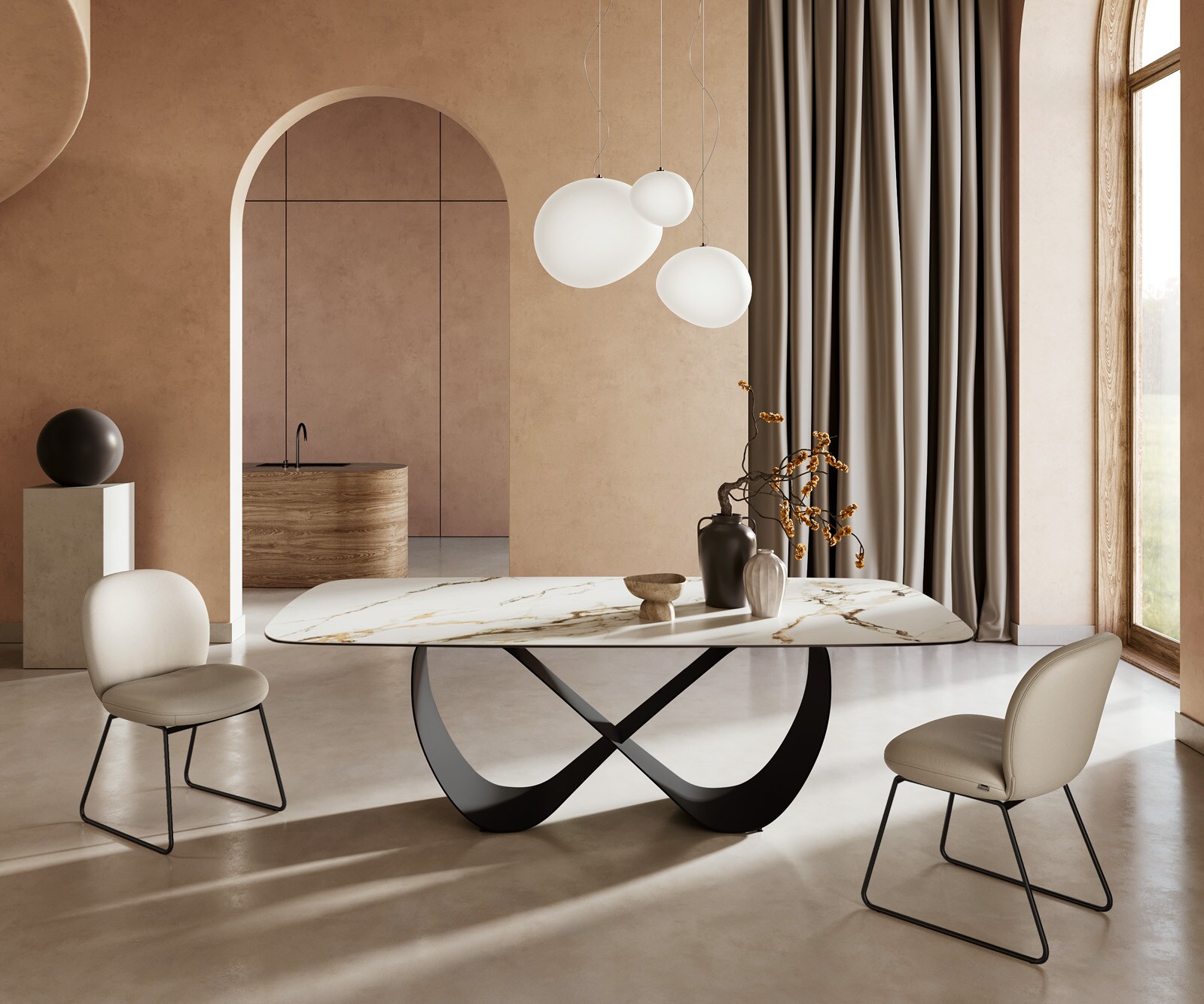 Eettafel Edge Boot 240x120cm keramiek Calacatta Luxe wit-goud-grijs Infinity metaal zwart