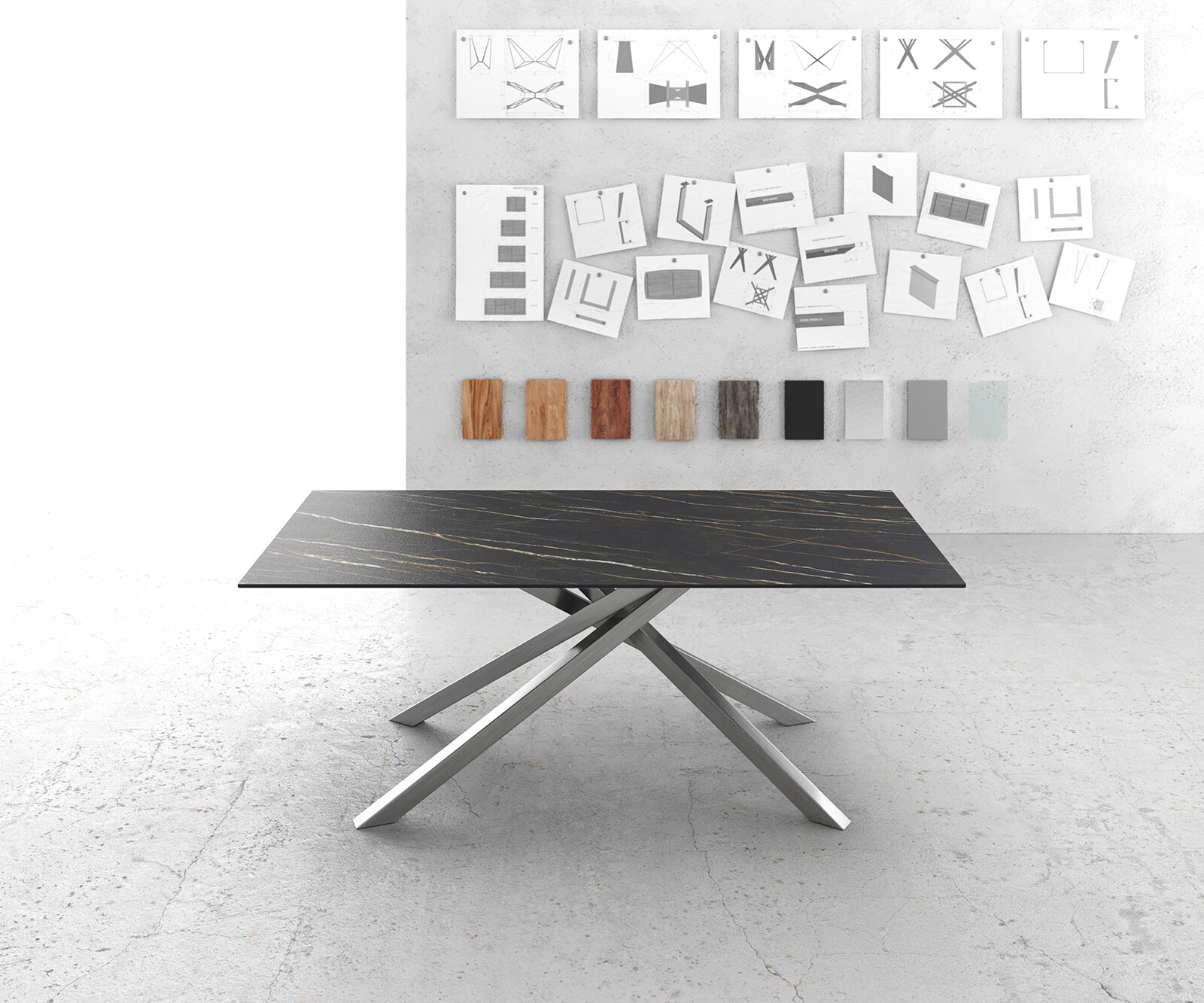 Eettafel Edge 200x100cm Laminam® keramiek bruin middenpoot kruis zilver 2