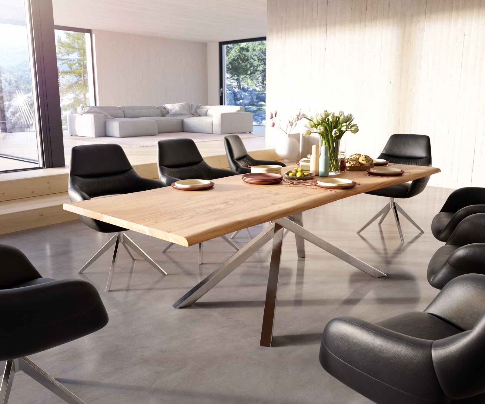 Eettafel Edge 260x100 acacia natuur Kreuzframe rechthoek edelstaal Live-Edge