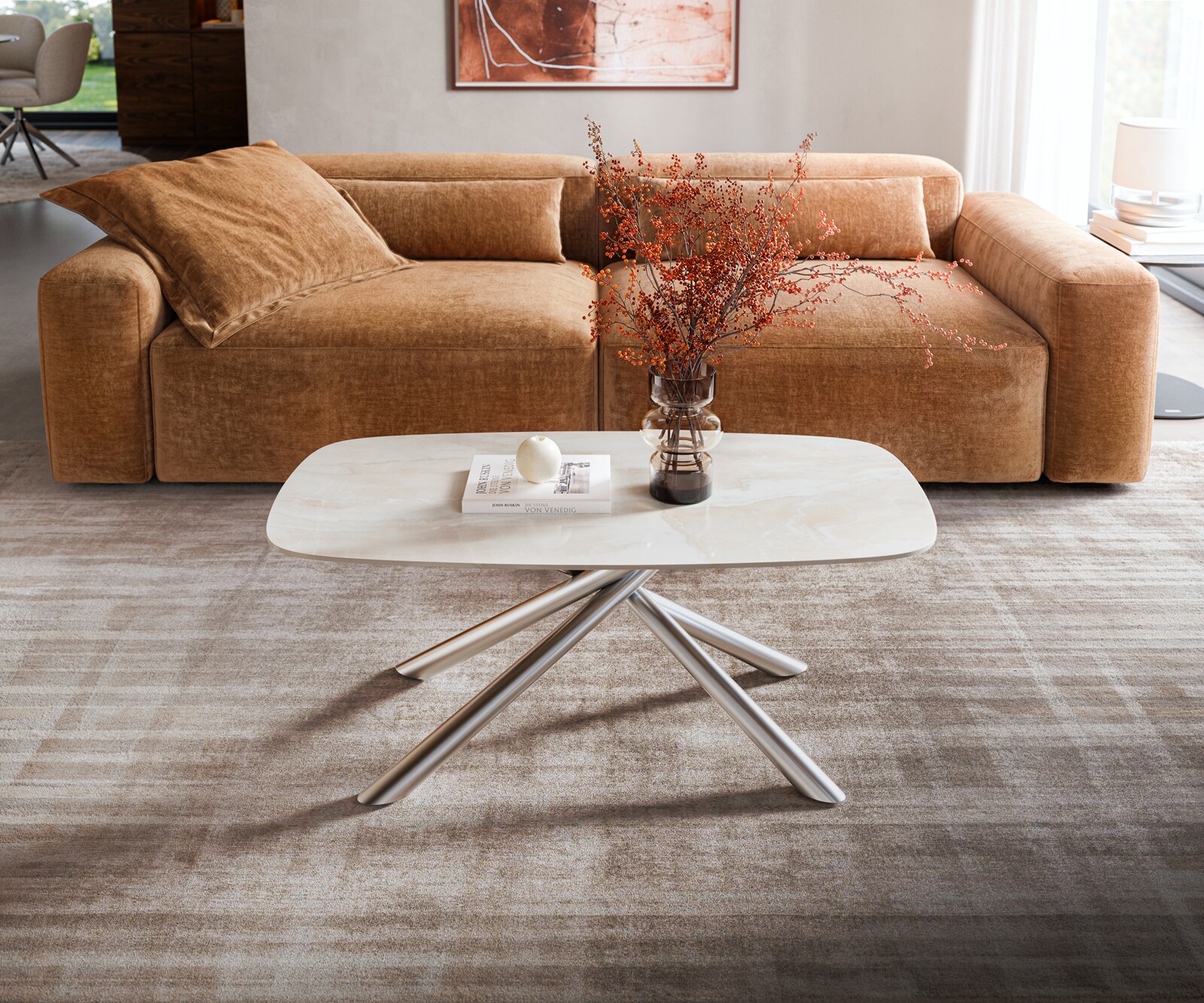Salontafel Edge bootvormig 100x50 cm keramiek Onyx Champagne Sarity roestvrij staal geborsteld 1