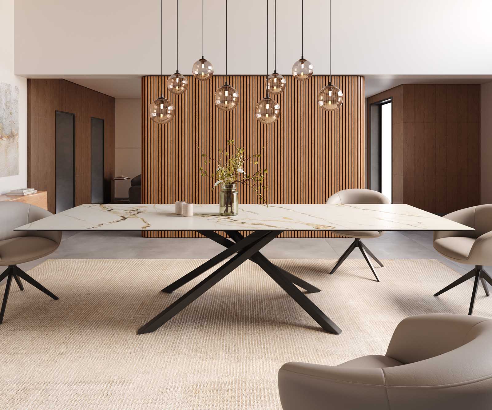 Eetkamertafel Edge 300x100 keramiek Calacatta Luxe wit-goud-grijs kruisframe rechthoek zwart 2