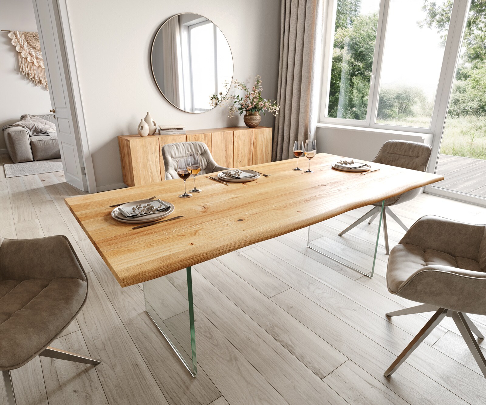 Eettafel Edge 200x100x2,5-3 eiken natuur glas Live-Edge