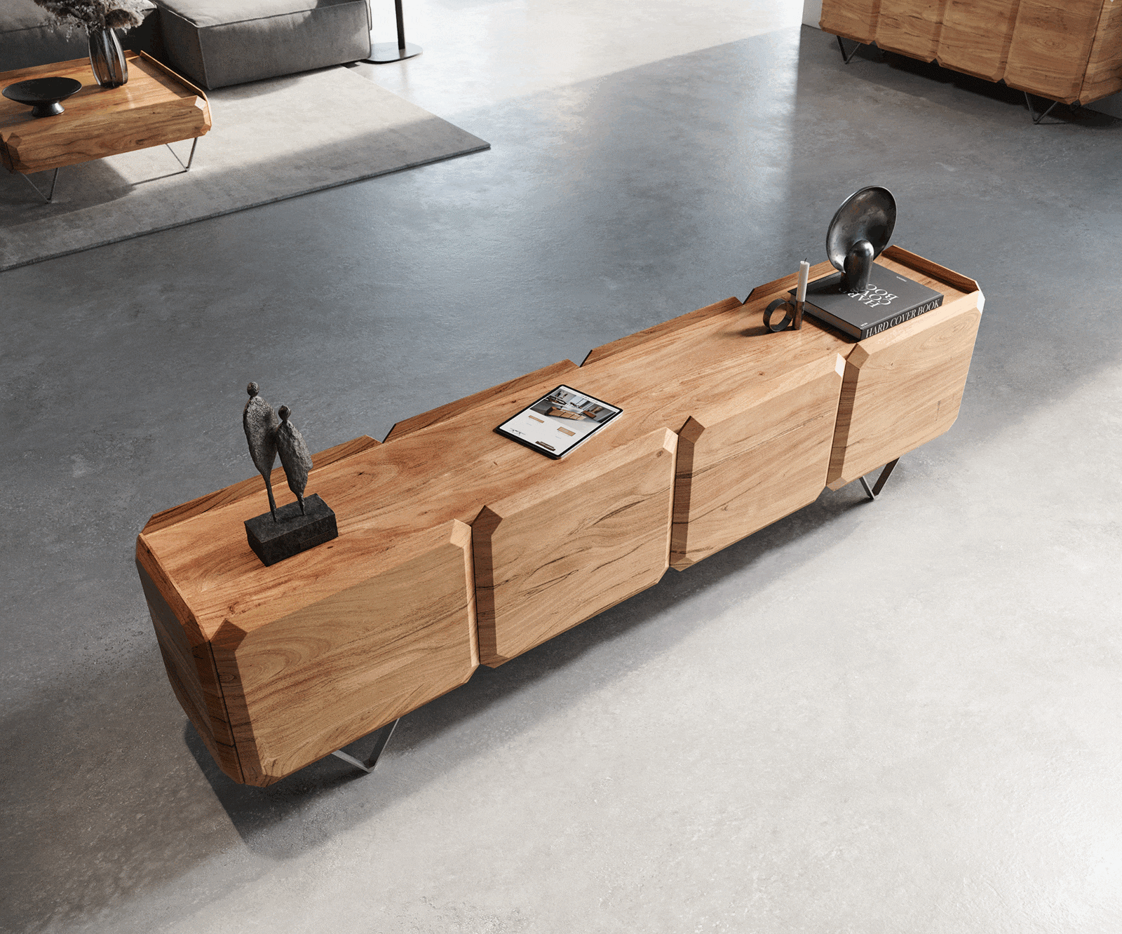 Lowboard Kiano 220 cm Acacia Natuur 4 Deuren V-voet Edelstaal Roomdivider 3 Lowboard Kiano 220 cm Acacia Natuur 4 Deuren V-voet Edelstaal Roomdivider 3