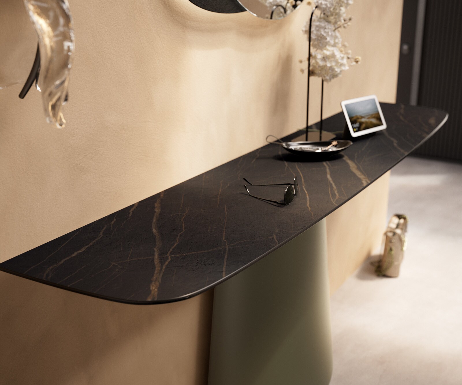 Consoletafel Edge Bootvorm 180x40 cm Keramiek Laminam® Noir Desir Braun Conos Metaal Effektfinish Titan 6