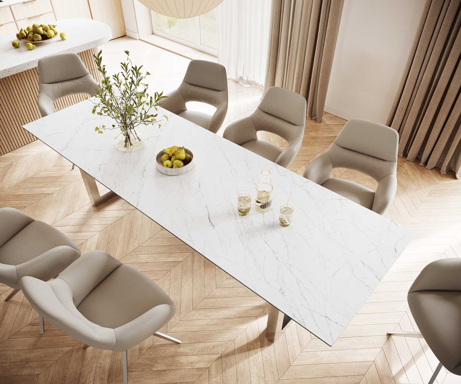 Eettafel Edge 300x100 keramiek Laminam® Statuarietto wit roestvrij staal breed 3