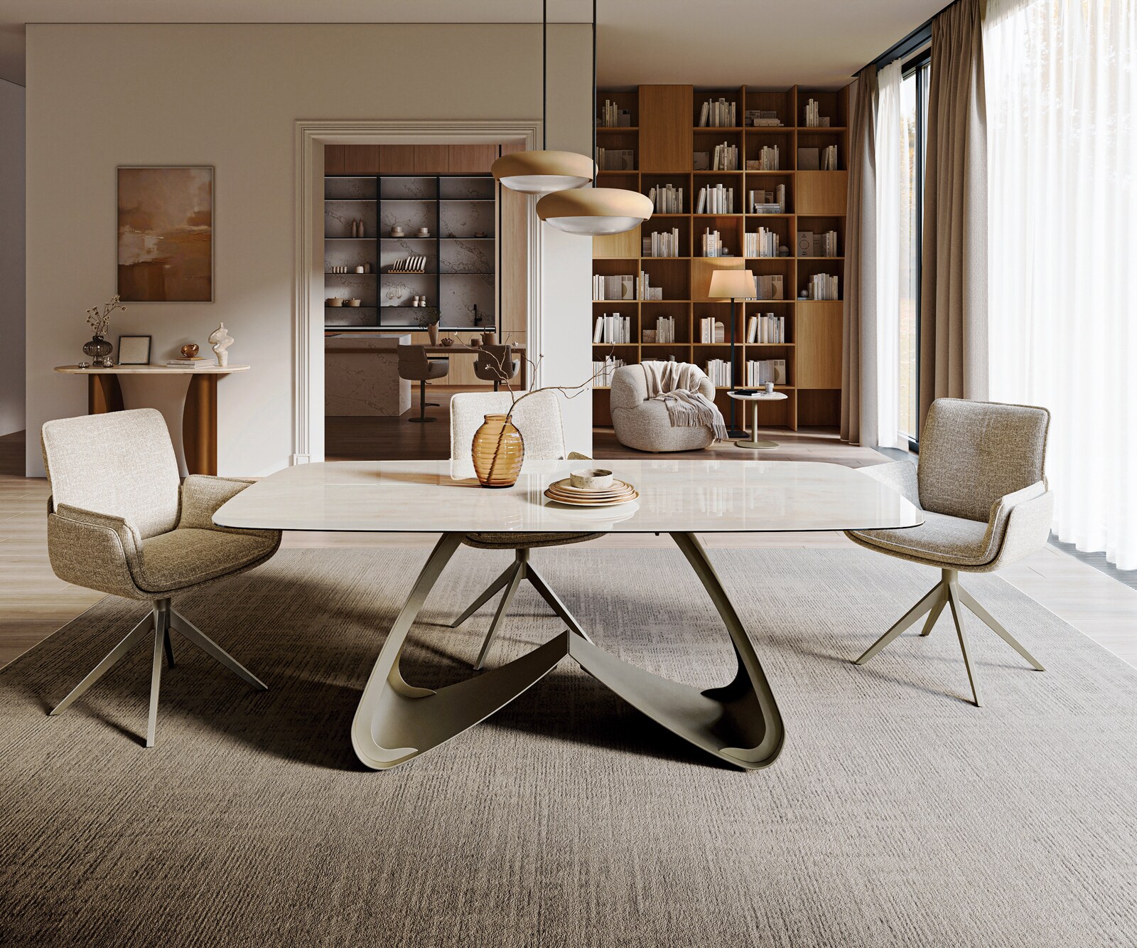 Eettafel Edge boot 200x100 cm keramiek Onyx Champagne W-onderstel metaal effectfinish titan 2