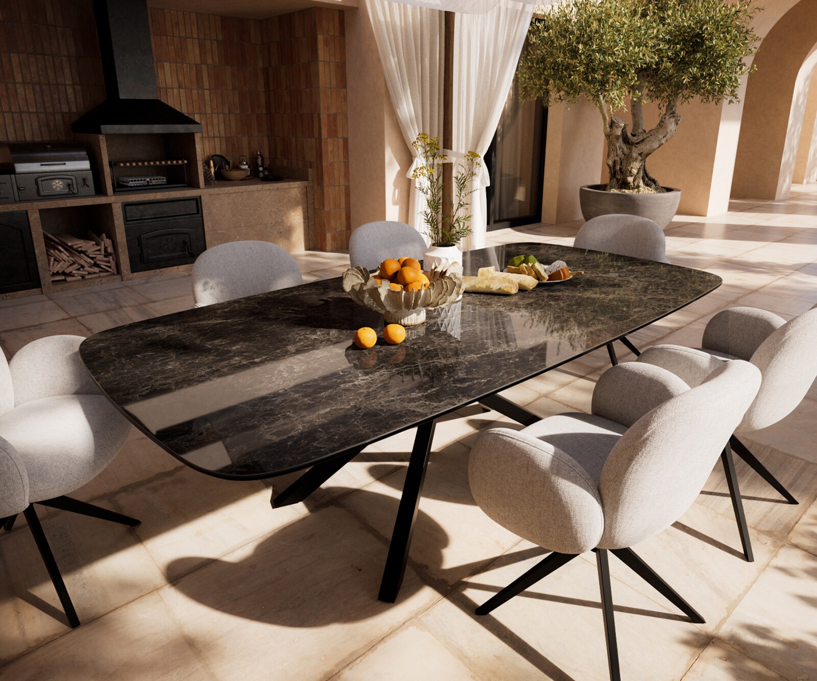 Outdoortafel Edge Boot 240x120 cm keramiek Laminam® Emperador Extra Lucidato donkerbruin kruispoot rechthoekig zwart 1