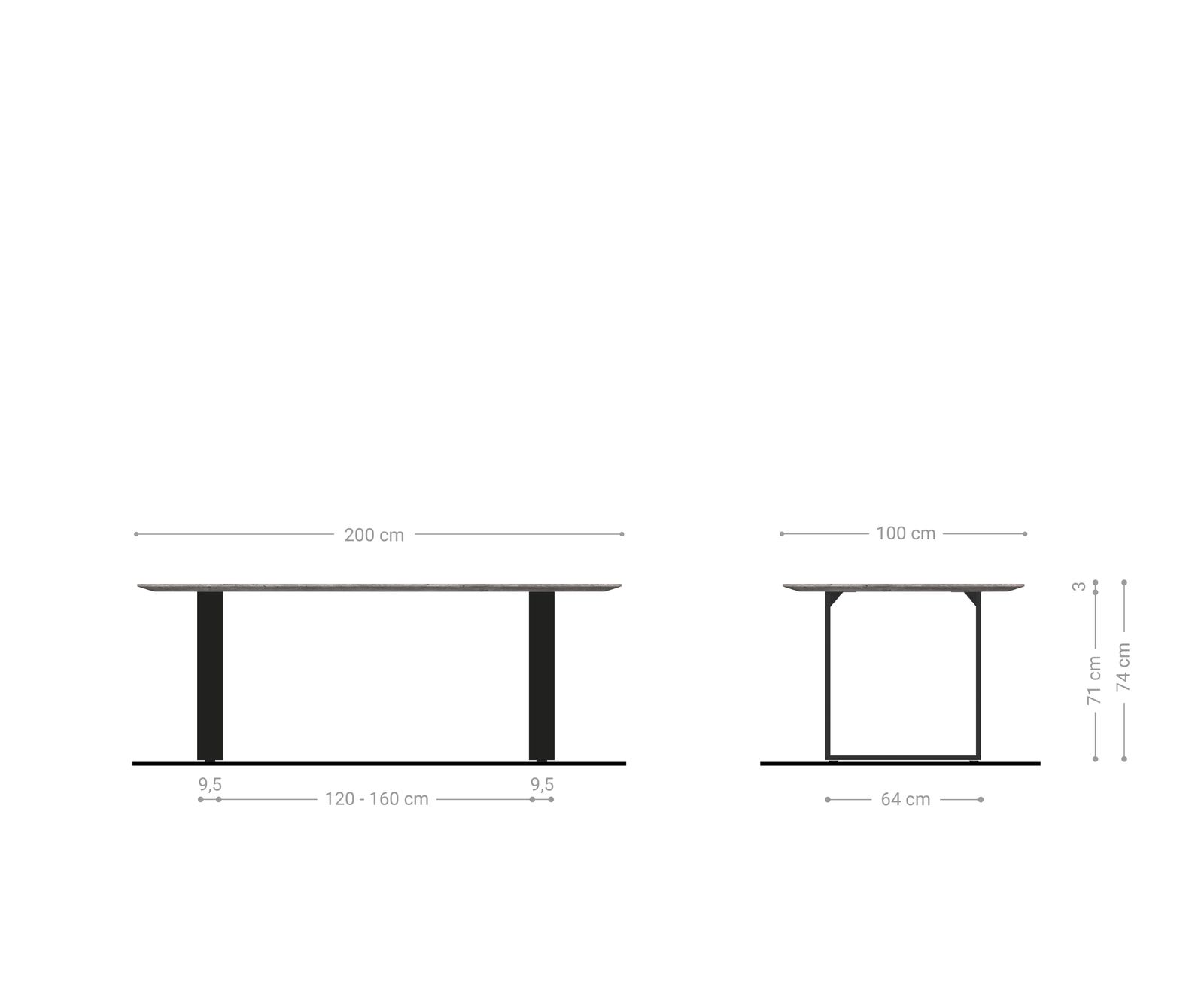 Eettafel Edge Boot 200x100x2,5-3 eiken natuur skid  zwart  Schweizer Kante 8