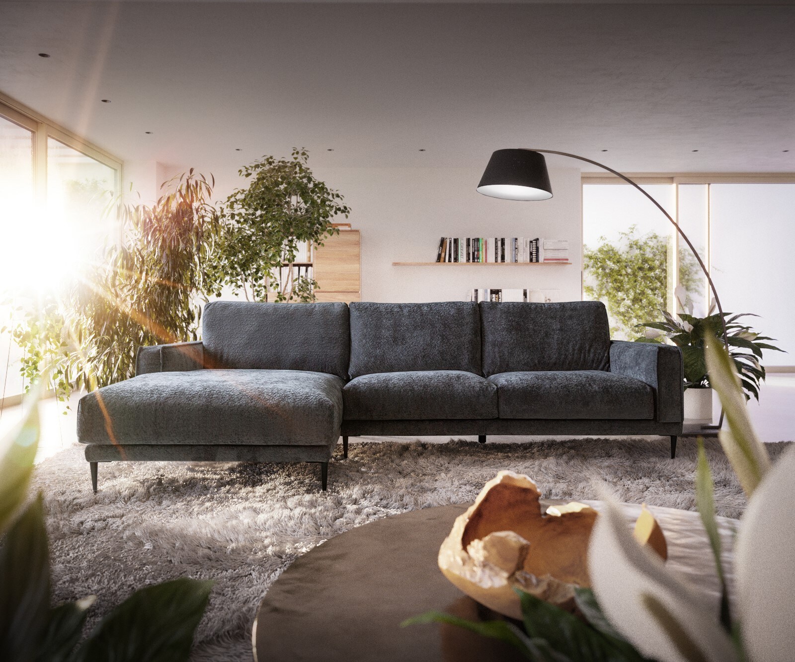 Hoekbank Sottil 290 x 165cm Chenille grijs recamiere links 1