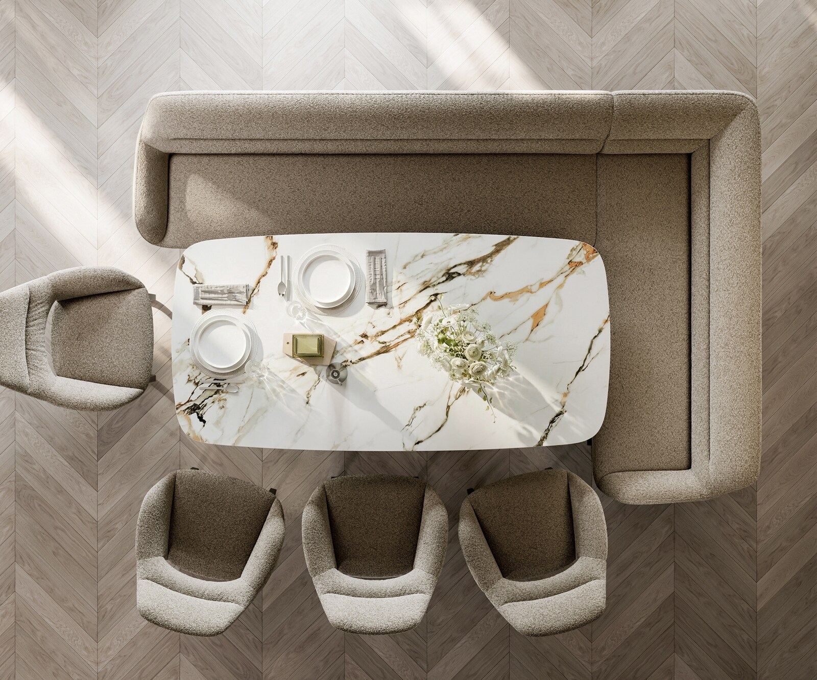 Eetkamerbank Taya-Flex 285x190 cm bouclé mud platte sledebasis zwart pocketvering links 6