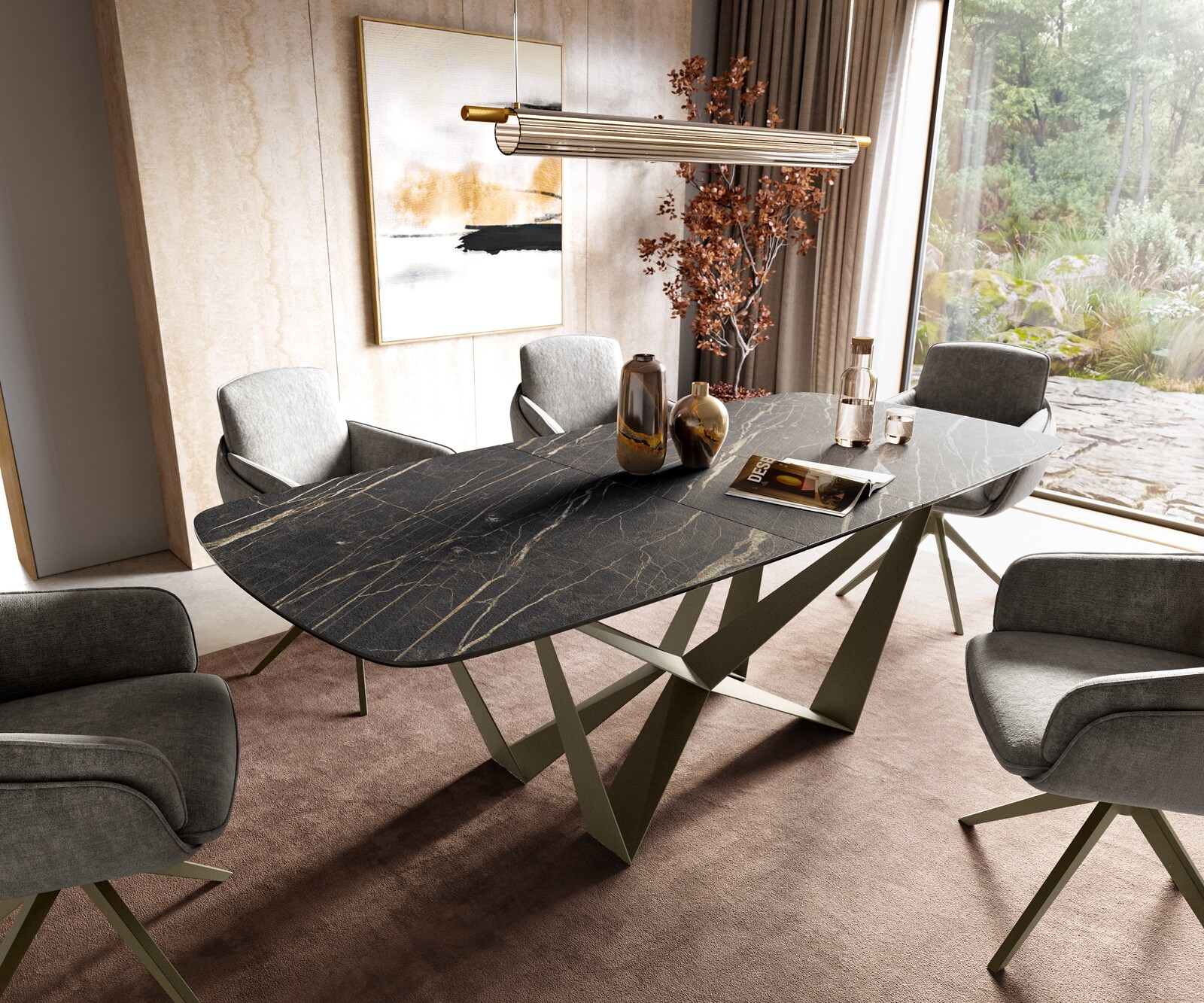 Eettafel Edge Boot 180-220x100 cm Laminam® Keramiek Noir Desir Braun Spider Metaal Effectafwerking Titan uitschuifbaar 1