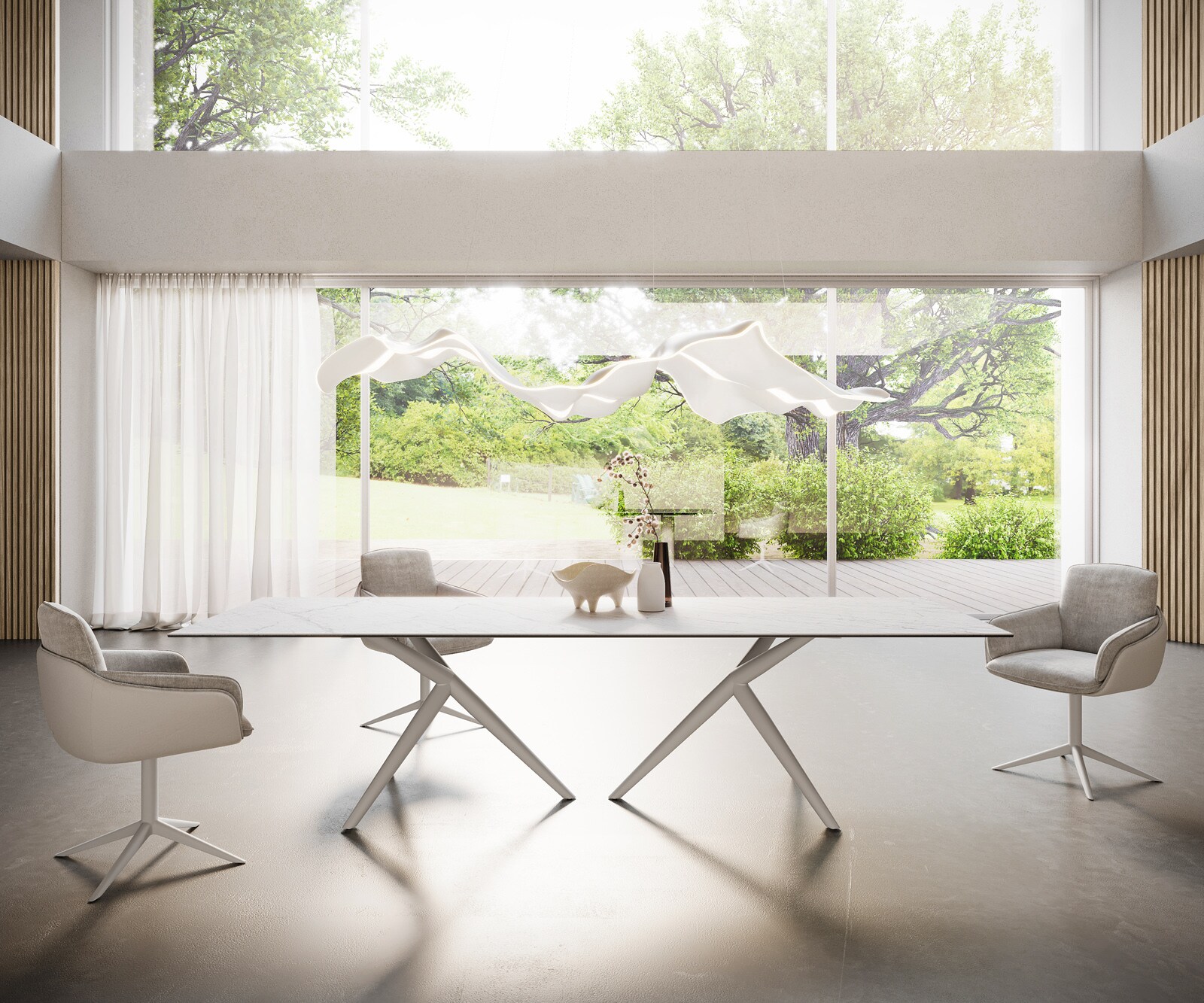 Eetkamertafel Edge 300x100 keramiek Laminam®Statuarietto wit Estelar rond  metaal wit 3