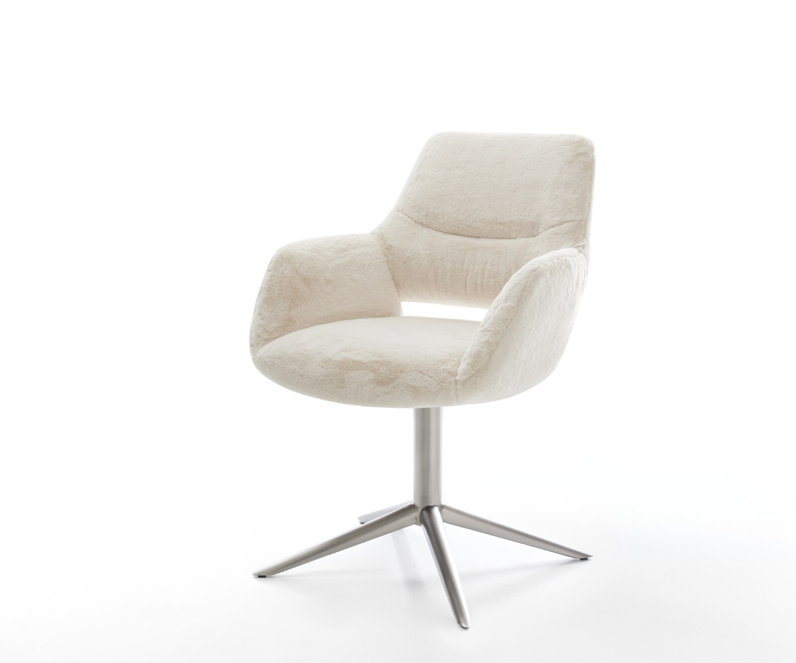 Draaistoel Yago-Flex met armleuning pluchen crème-wit kruispoot roestvrij staal 360° draaibaar rocker-functie pocketveer kern 1