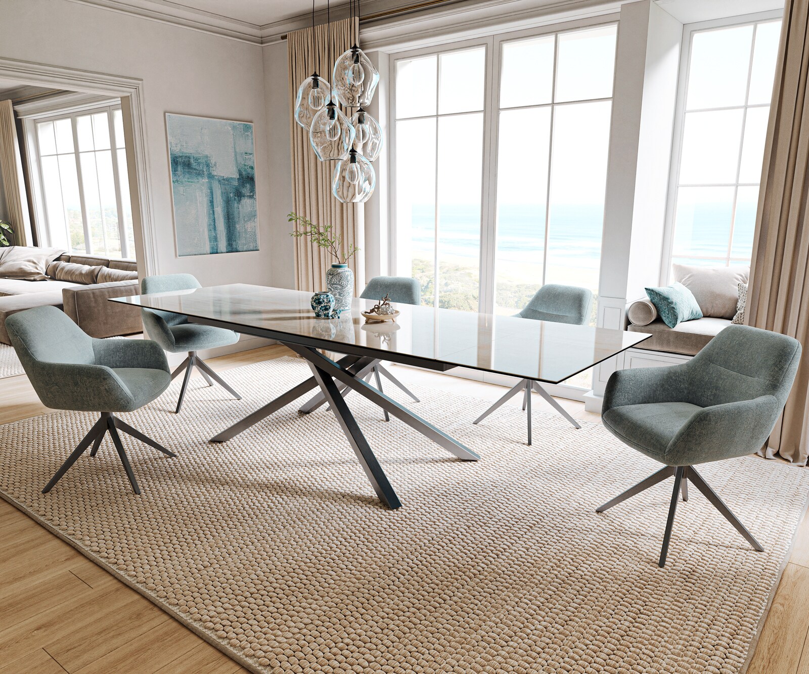 Eettafel Edge 200-300x100 cm keramiek Onyx Champagne kruisframe rechthoek roestvrij staal grafiet uittrekbaar 6