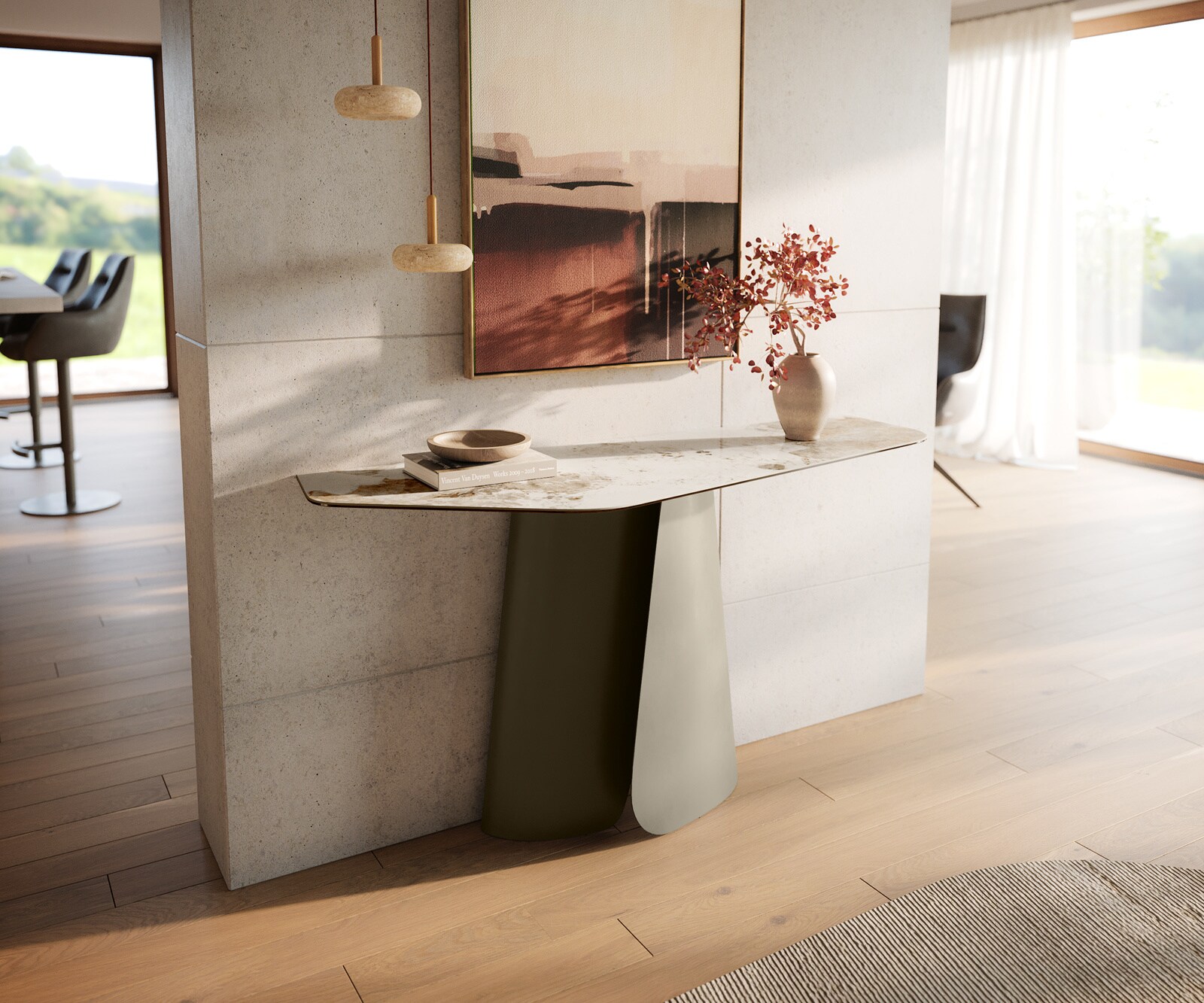 Consoletafel Edge Polygonaal 140x50 cm Keramiek Minas Melange Weiß-Beige Livos Metaal Effektfinish Titan 1