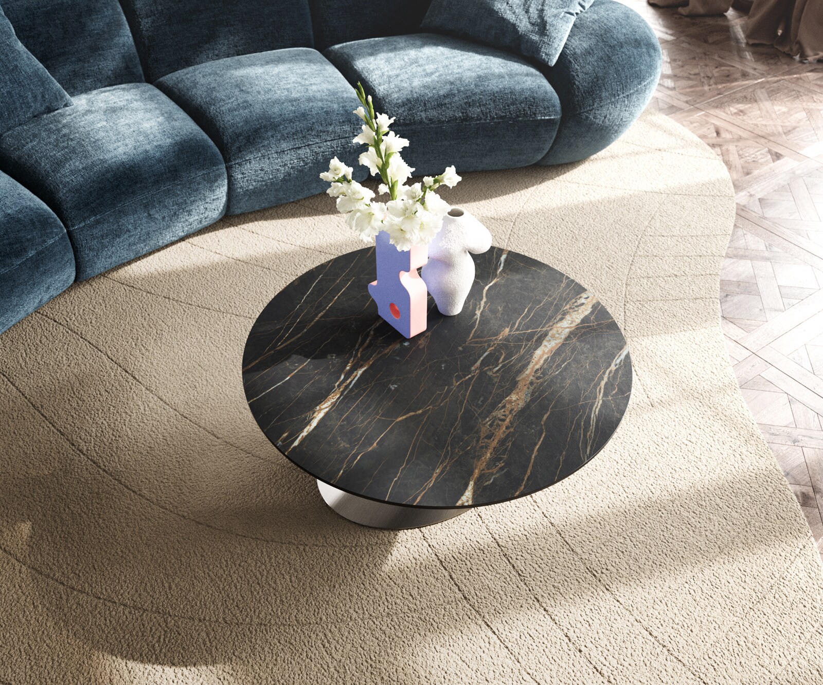 Salontafel Edge rond 90x90 cm keramiek Laminam® Noir Desir bruin Conis geborsteld roestvrij staal 4