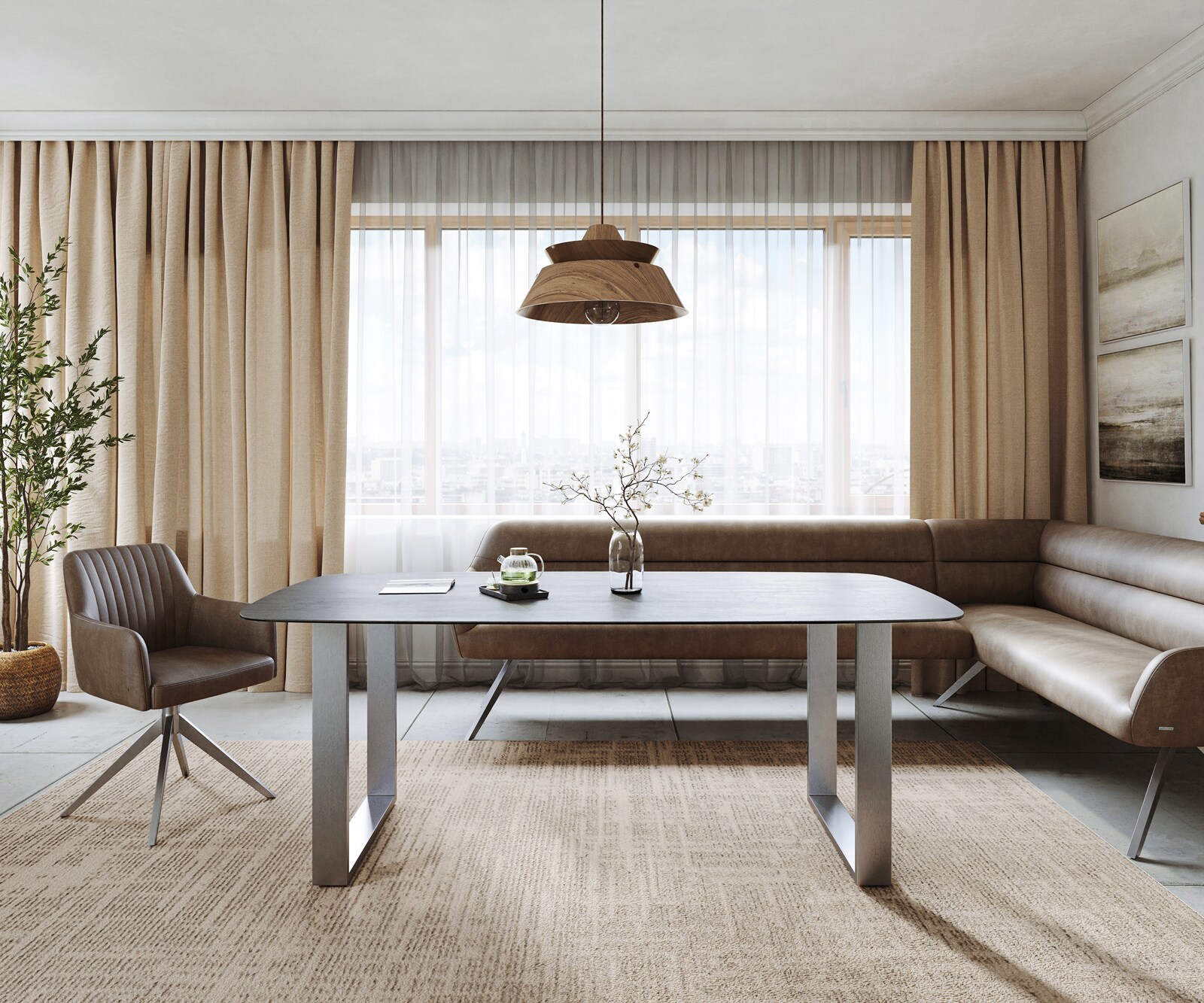 Eettafel Edge boot 200x100 cm keramiek beton grijs roestvrij staal smal 1