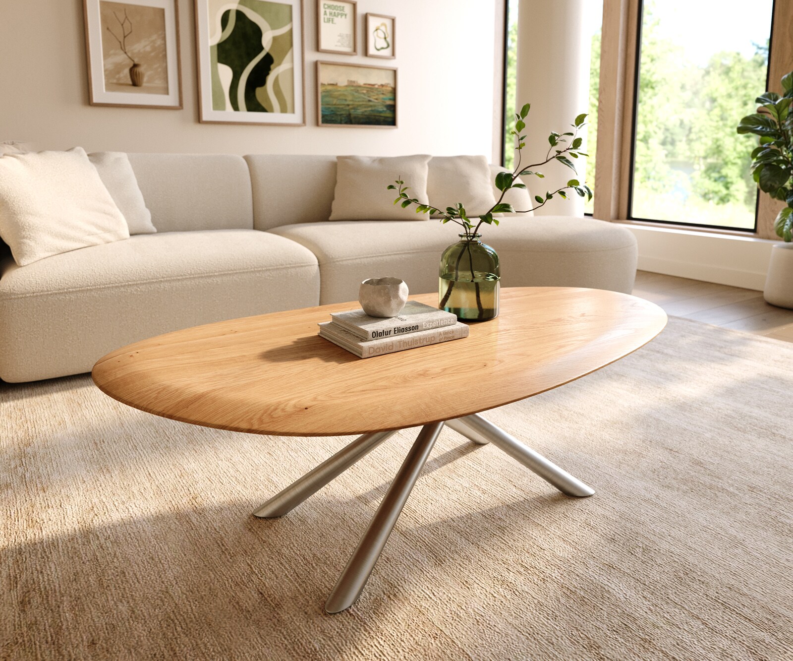 Salontafel Edge Oval 140x75 cm Eiken Naturel ronde rand Sarity geborsteld roestvrij staal