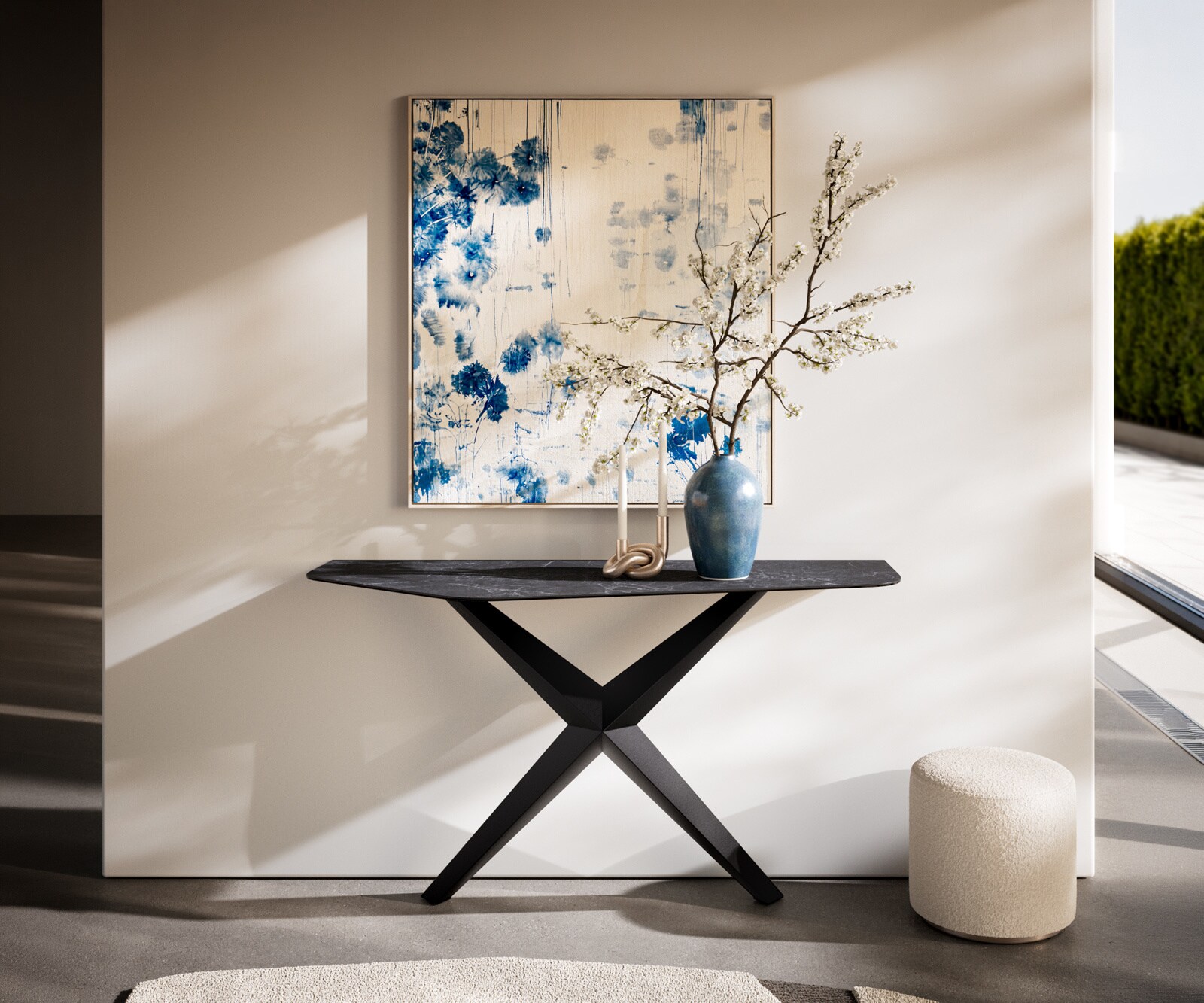 Consoletafel Edge Polygonaal 140x50 cm Keramiek Laminam® Nero Greco Anthrazit Zentharo Metaal Zwart