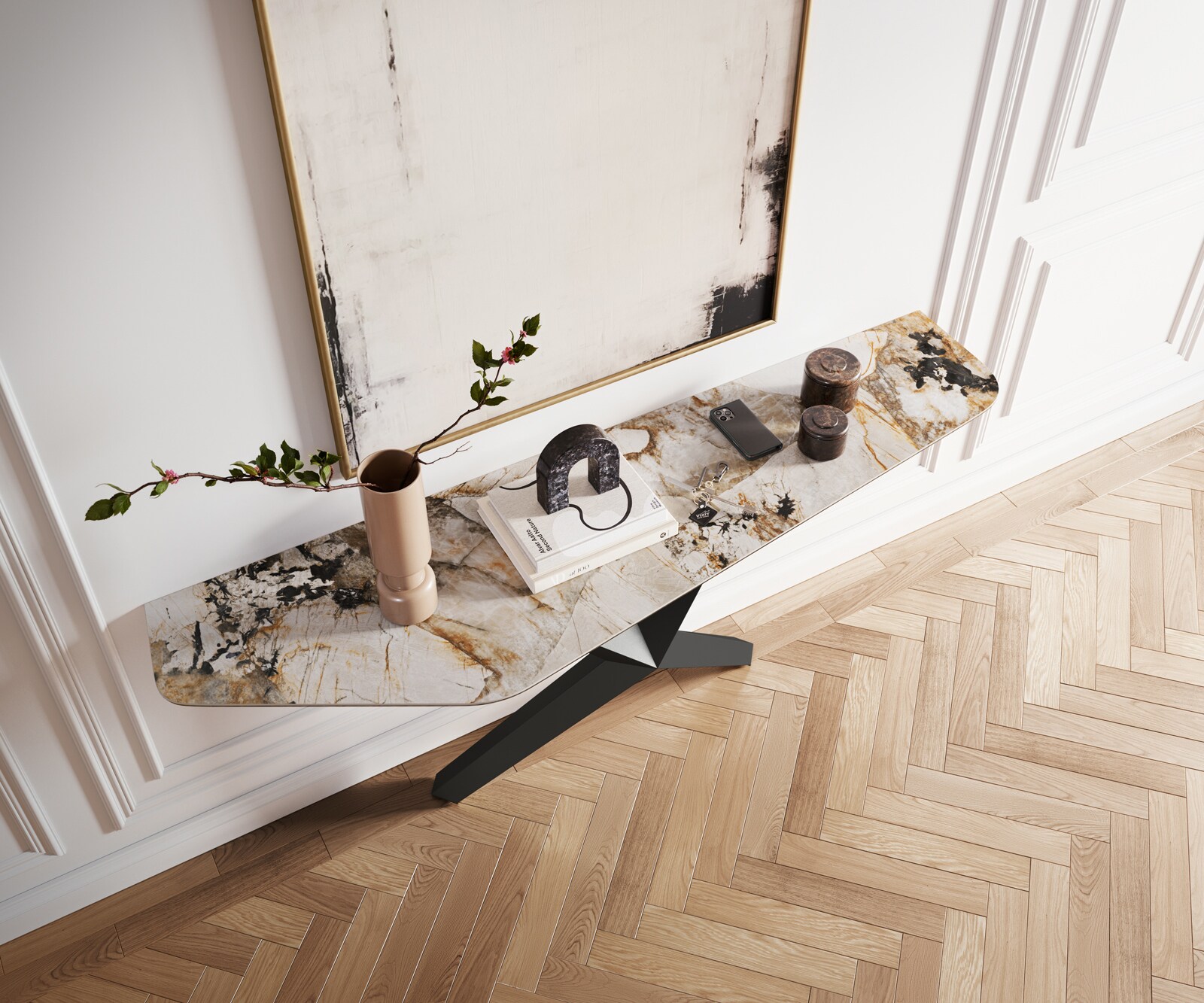Consoletafel Edge Polygonaal 180x50 cm Keramiek Patagonia Poliert Zentharo Metaal Zwart 2