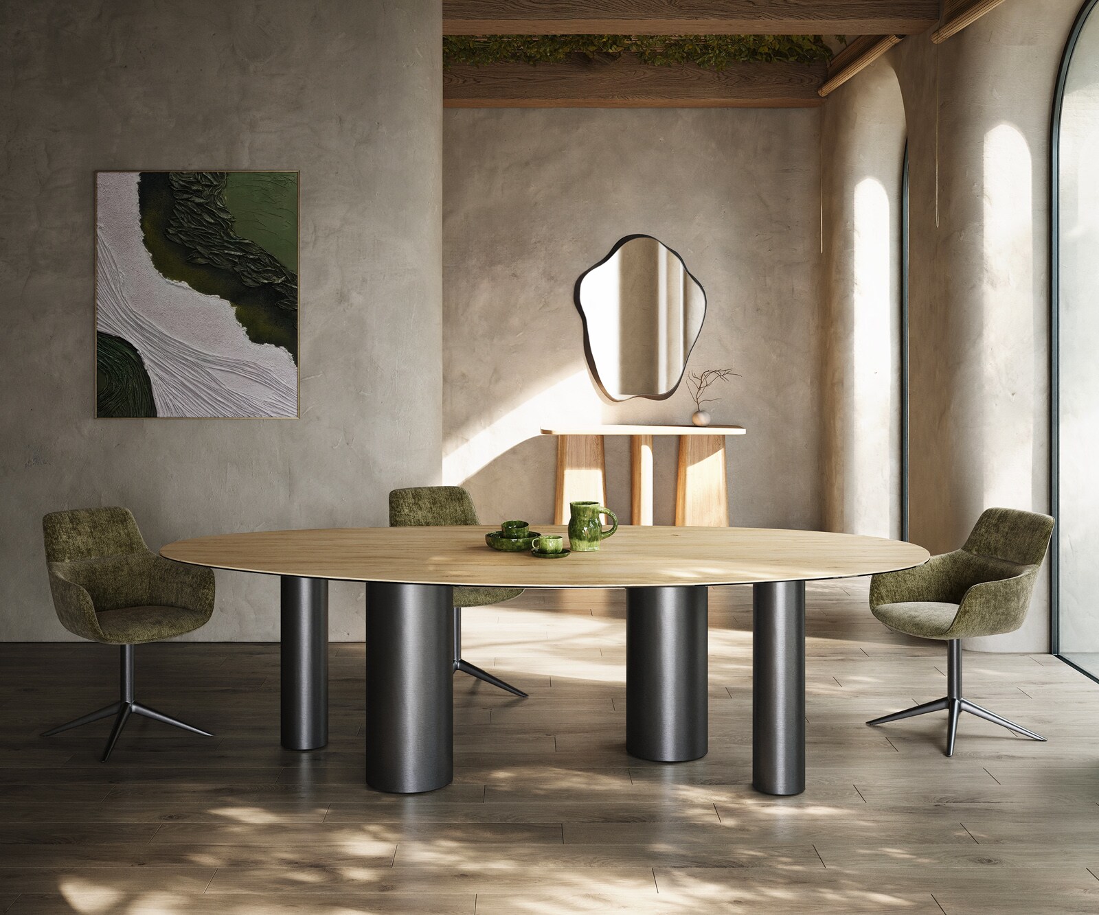 Eetkamertafel Edge ovaal 280x130 keramiek Laminam® Sabbia eiken kleur Pilier roestvrij staal grafiet 2