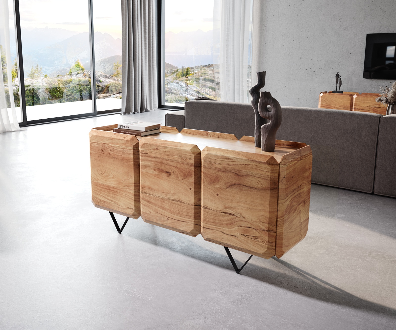 Sideboard Kiano 145 cm Acacia Natuur 3 Deuren V-voet Zwart Roomdivider Sideboard Kiano 145 cm Acacia Natuur 3 Deuren V-voet Zwart Roomdivider