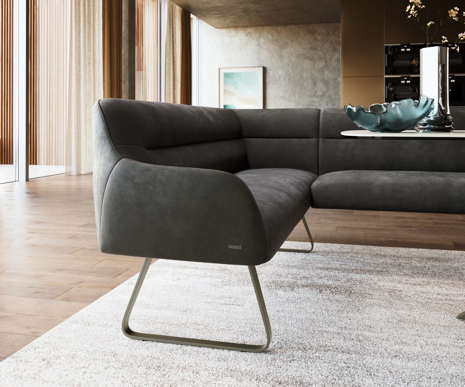 Eetkamerbank Taya-Flex 285x190 cm microvelours anthraciet vintage platte sledebasis afwerking met titaniumeffect pocketvering rechts 5