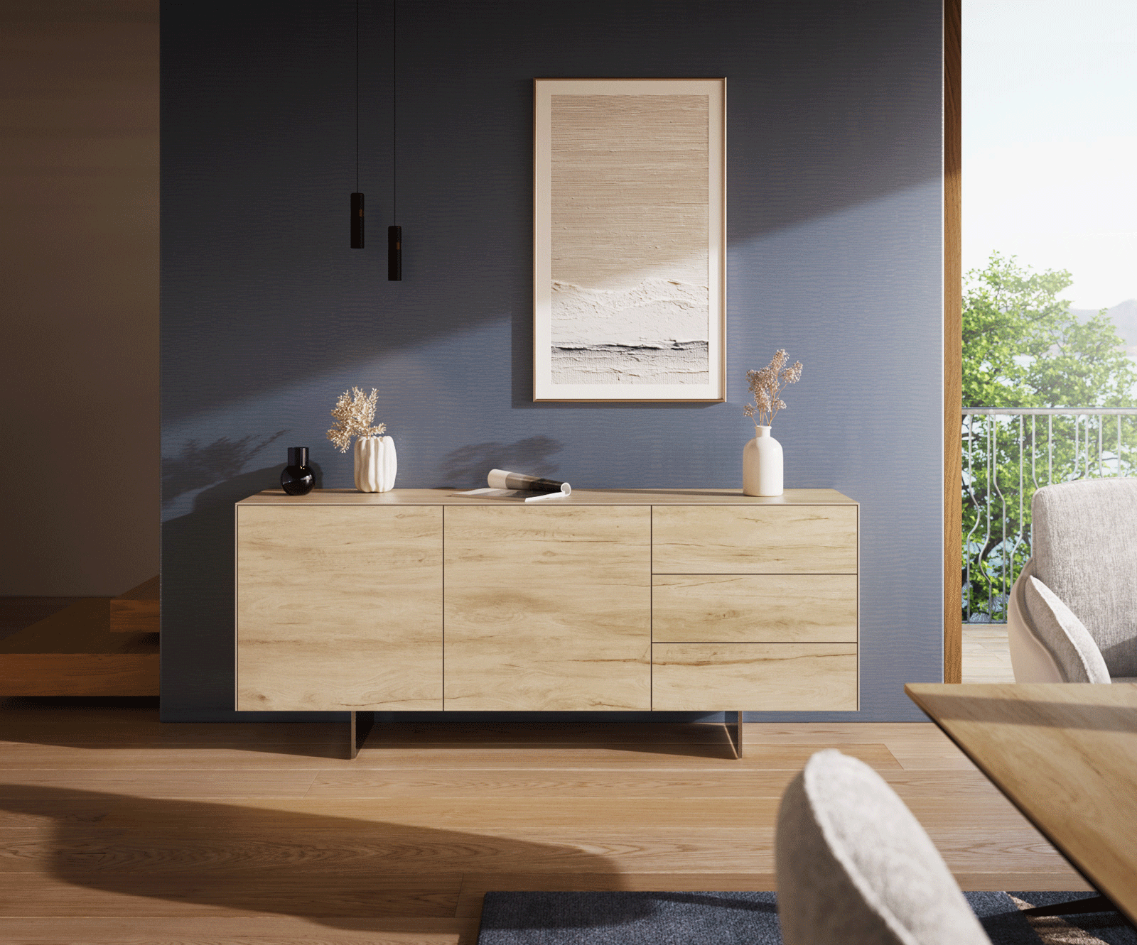 Dressoir Cuor 180 cm Keramiek Laminam® Sabbia Eiken gekleurd 2 Deuren 3 Laden Zwevende voet look Roestvrij staal 2