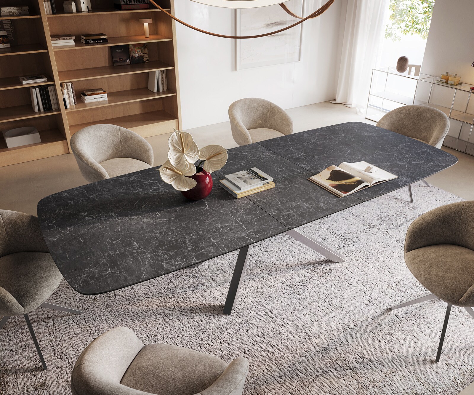 Eettafel Edge Boot 240-300x120 cm Keramiek Laminam® Nero Greco Anthrazit kruisonderstel Rechthoek Roestvrij staal uitschuifbaar 4