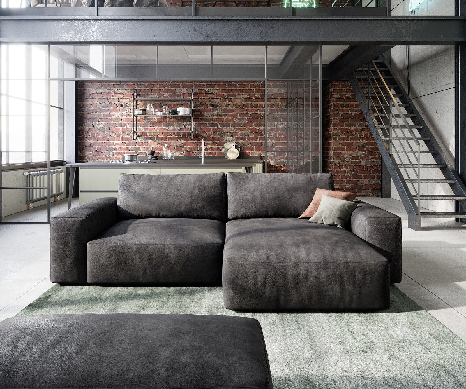 Hoeksofa Lanzo 230x155 cm kunstleer vintage antraciet met variabele recamière en hocker 1
