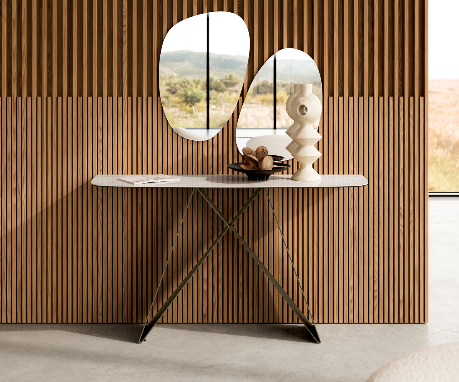Consoletafel Edge Bootvorm 140x40 cm Keramiek Onyx Champagne Velio Metaal Effektfinish Titan 1