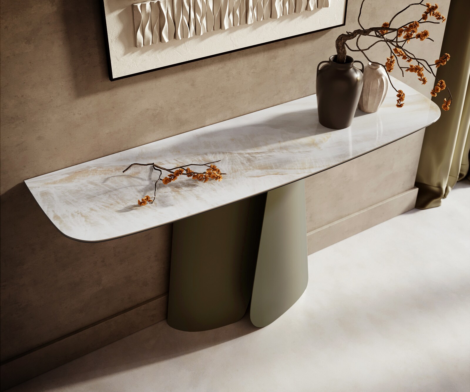 Consoletafel Edge Bootvorm 140x40 cm Keramiek Onyx Pearl Livos Metaal Effektfinish Titan 2