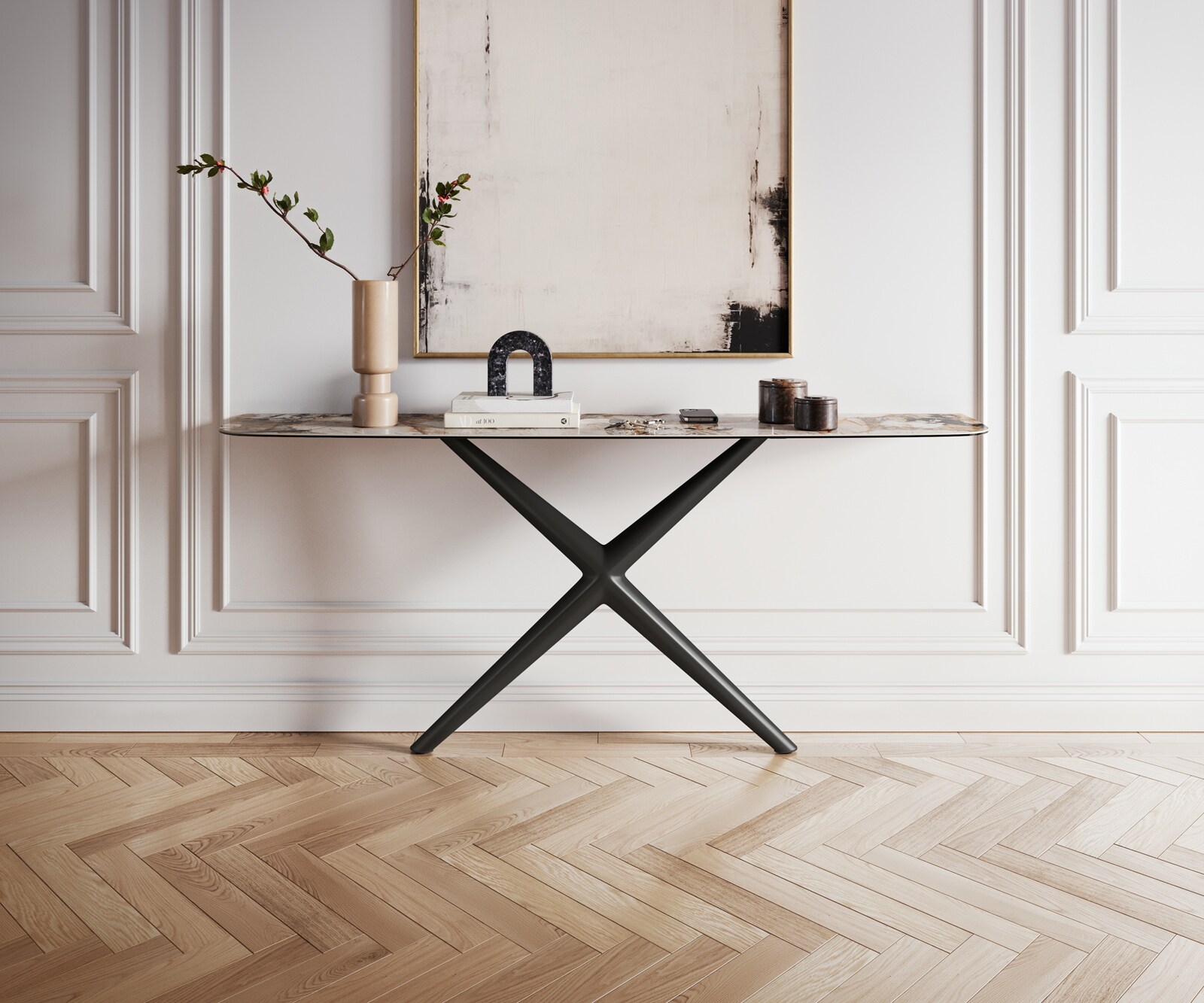 Consoletafel Edge Bootvorm 180x40 cm Keramiek Patagonia Poliert Estelo Metaal Zwart 1