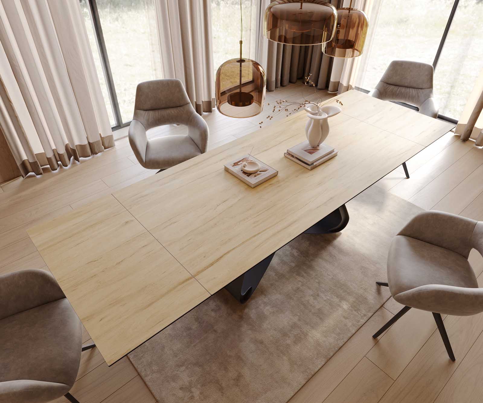 Eetkamertafel Edge 200-300x100 keramiek Laminam® Sabbia eiken kleur W-frame zwart uitschuifbaar 3