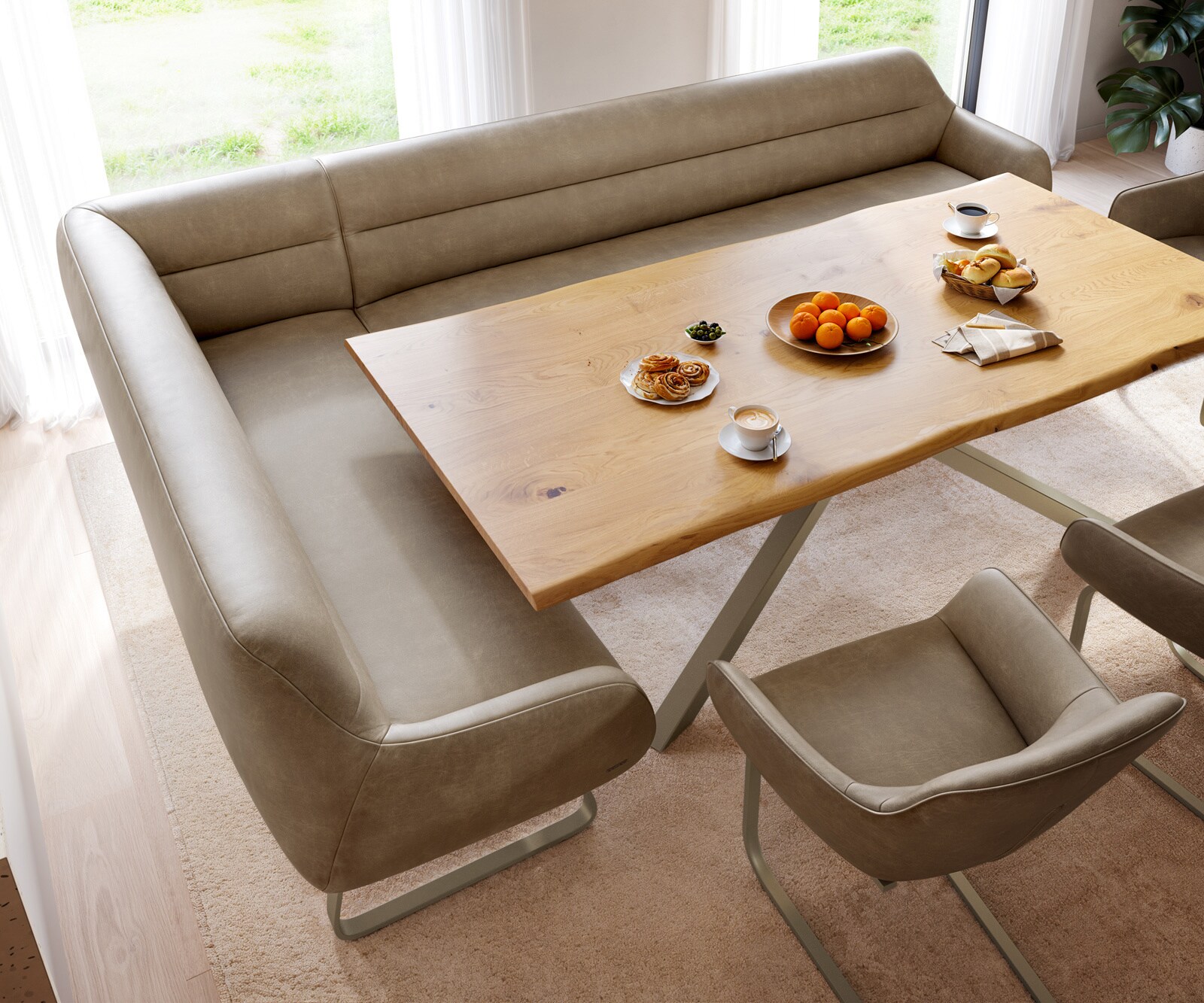 Eetkamerbank Taya-Flex 285x190 cm microvelours beige vintage platte sledebasis afwerking met titaniumeffect pocketvering rechts 4