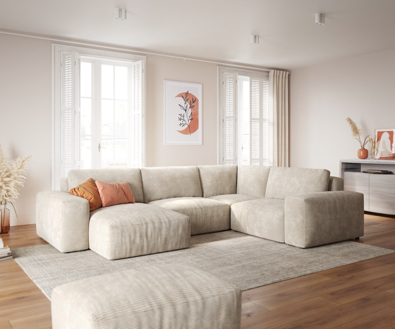 Woonlandschap Lanzo 300x210 cm ribcord beige met variabele recamière en hocker