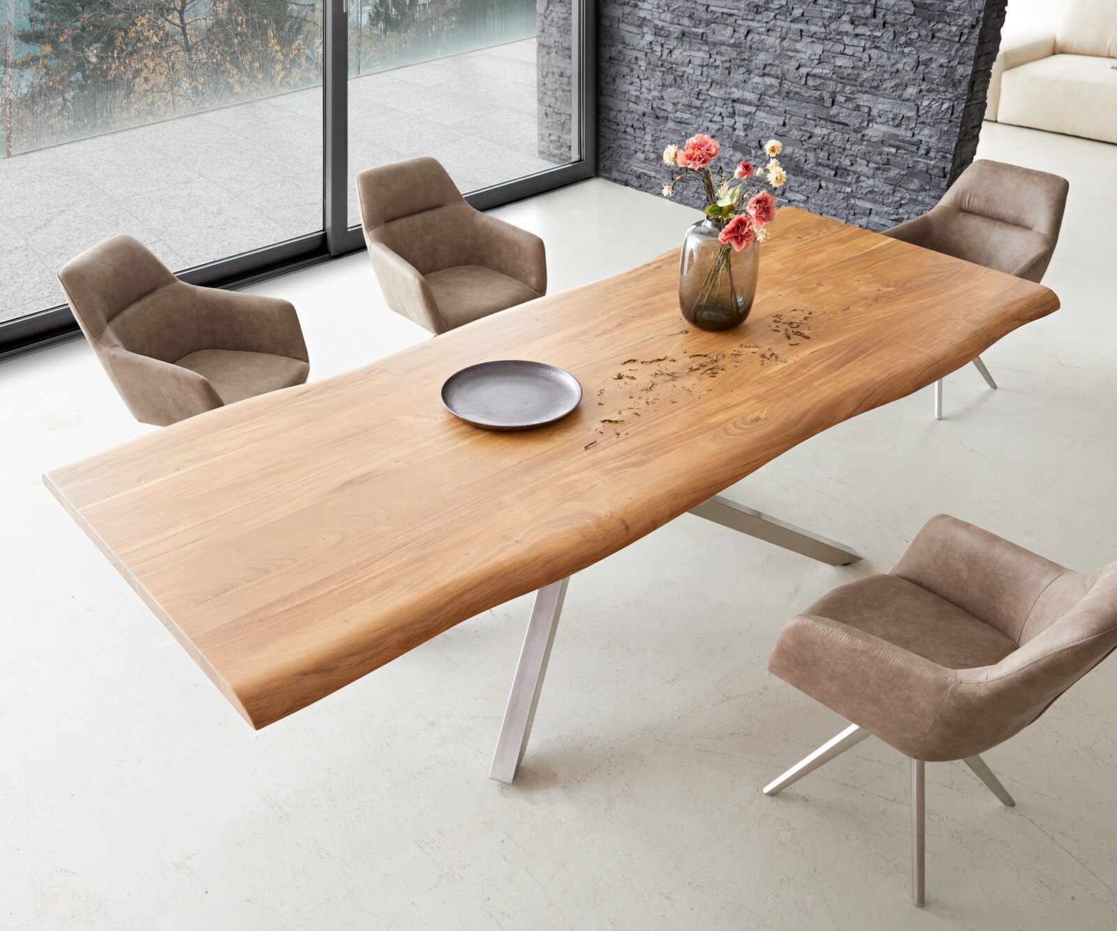 Eettafel Edge 260x100 XL acacia natuur kruisframe rechthoek roestvrij staal  Live-Edge 4