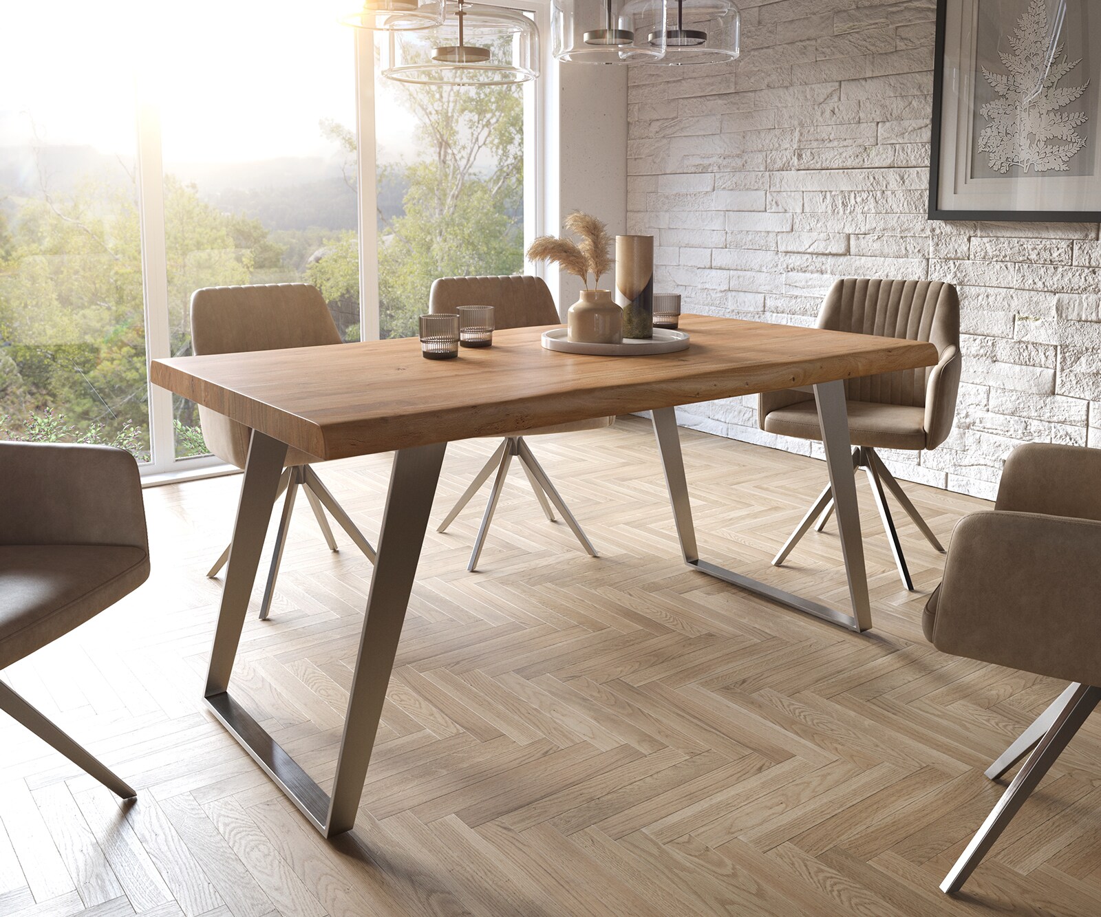 Eettafel Edge 160x90 XL acacia natuur roestvrij staal  schuin Live-Edge