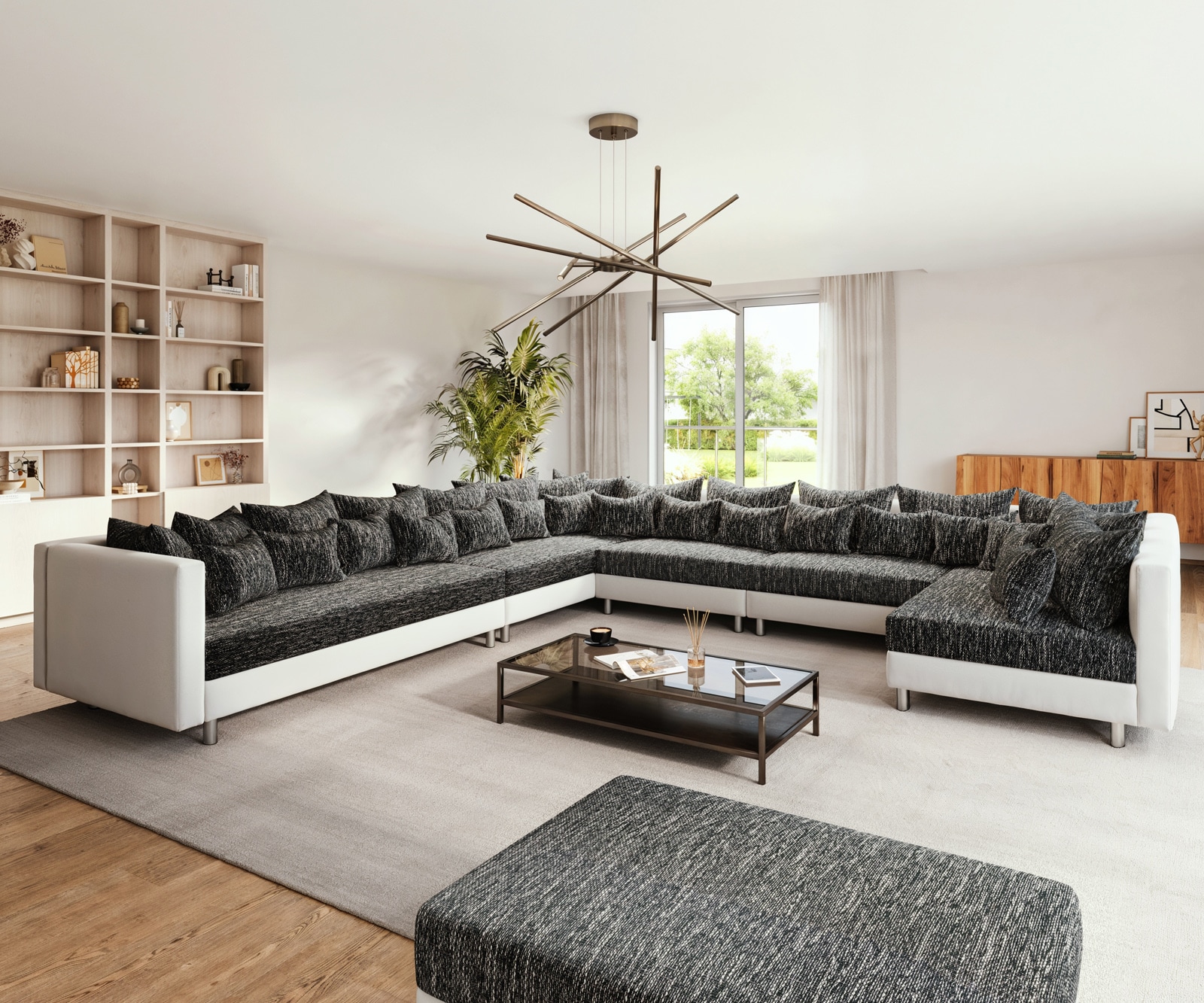 Woonlandschap Clovis XXL wit zwart met hocker ottomane Links Woonlandschap Clovis XXL wit zwart met hocker ottomane Links