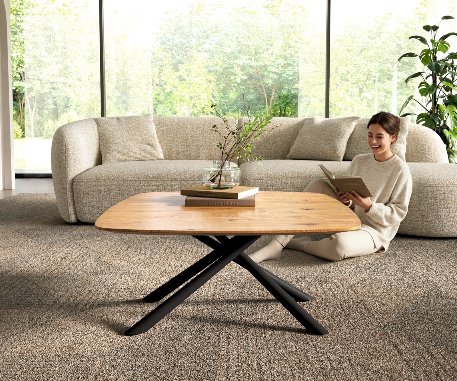 Salontafel Edge Boot 90x90 cm Eiken Naturel Zwitserse rand Sarity zwart metaal 1