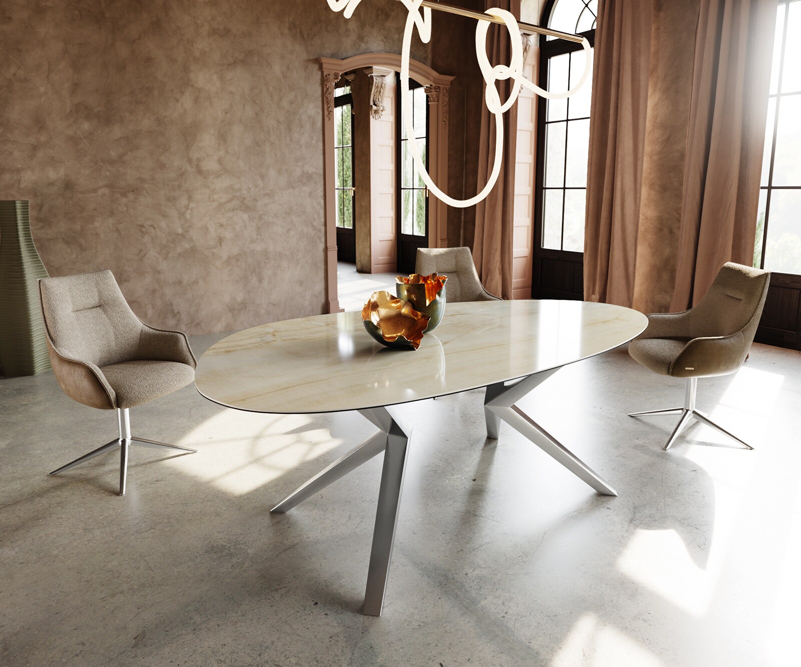 Eetkamertafel Edge ovaal 220x120 keramiek Iris FMG Onice Oro Lucidato natuur​ Zenthara hoekig roestvrij staal
