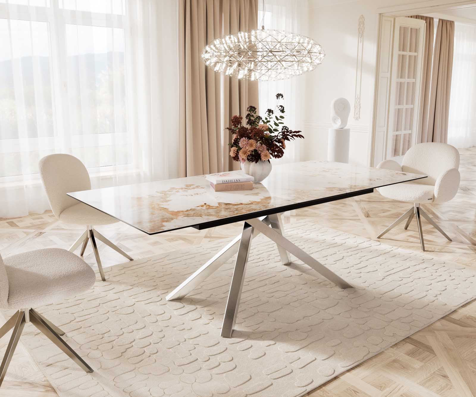 Eetkamertafel Edge 180-220x100 keramiek Minas Melange wit-beige kruisframe rechthoek RVS uitschuifbaar Eetkamertafel Edge 180-220x100 keramiek Minas Melange wit-beige kruisframe rechthoek RVS uitschuifbaar