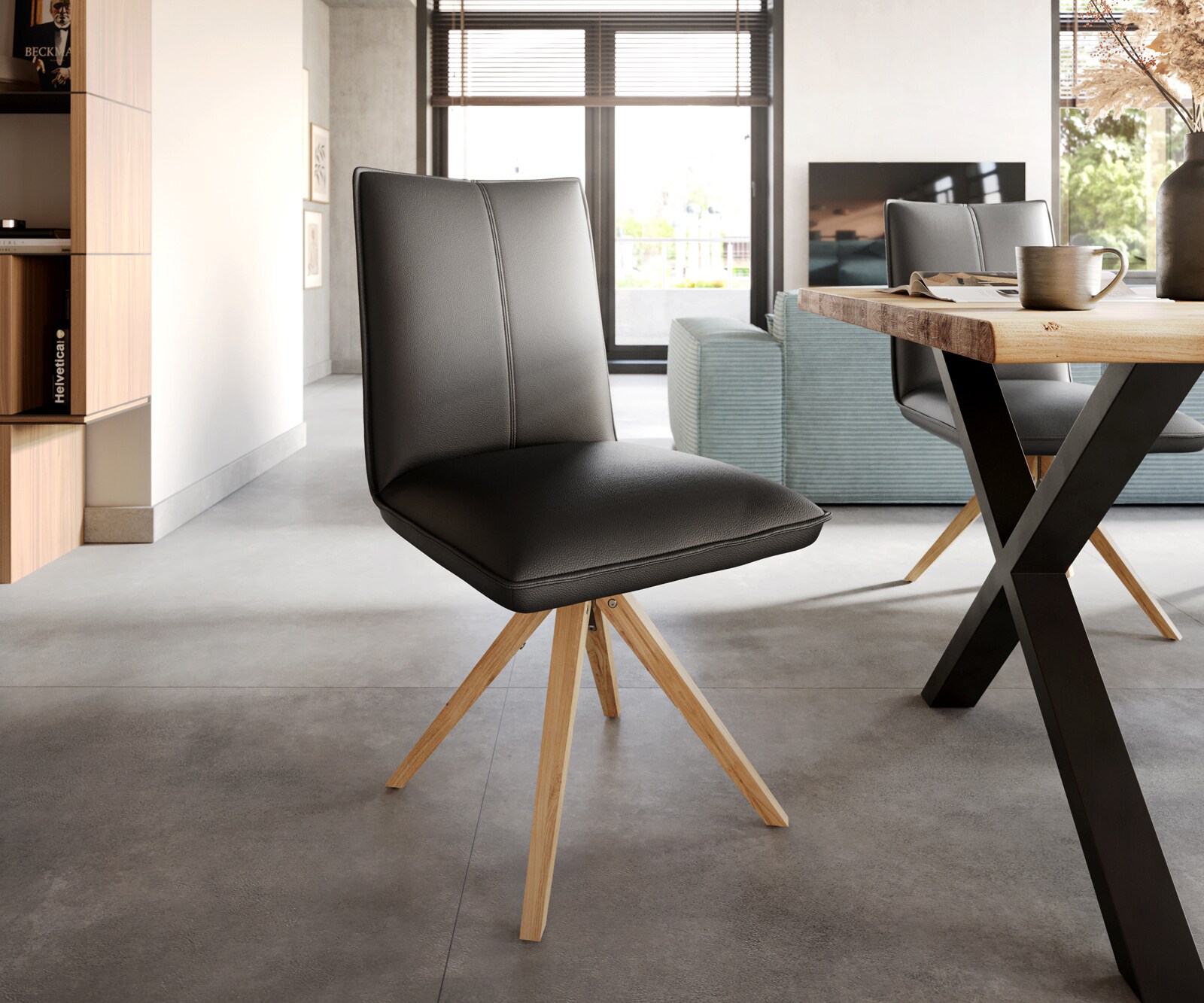 Eetkamerstoel Lelio-Flex echt leer zwart houten frame hoekig natuur 360° draaibaar pocketveer kern