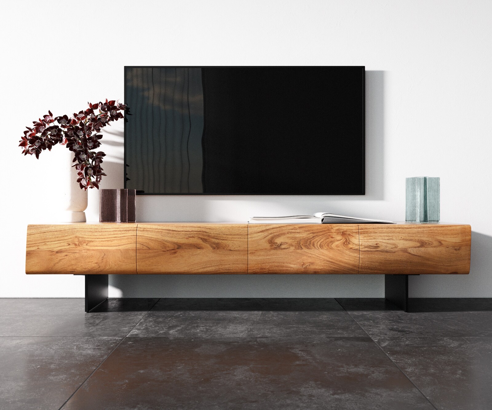 TV-meubel New Live-Edge 175 cm acacia natuu 4 deuren poot zwevend metaal zwart 4