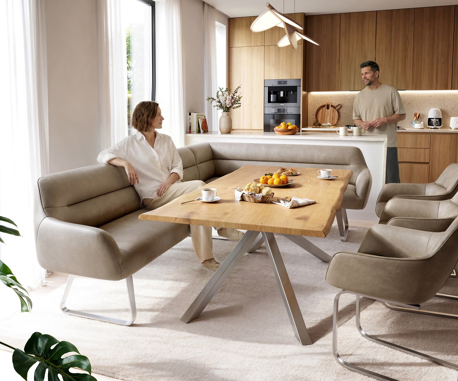Eetkamerbank Taya-Flex 285x190 cm microvelours beige vintage platte sledebasis roestvrij staal pocketvering links 1