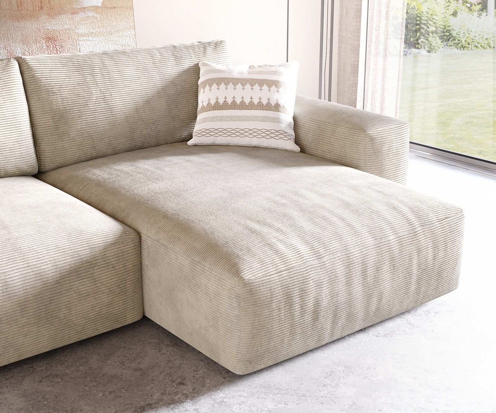 Hoekbank Lanzo XL 270x180 cm Cord Beige Recamiere variabel met poef 5