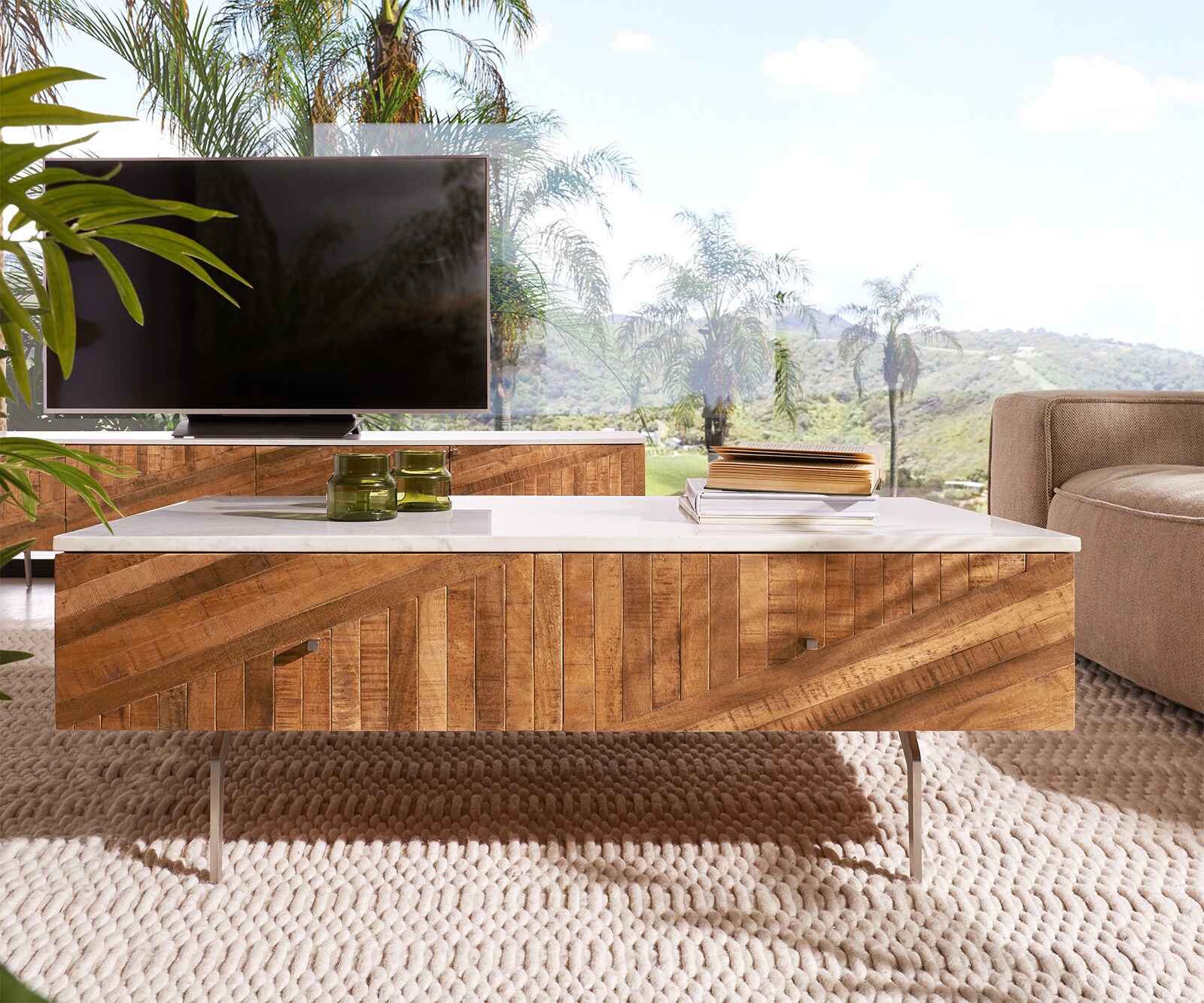Salontafel Bahan 115x60 cm mango teak 2 schuifladen marmerblad weiss hoekpoot edelstaal 1