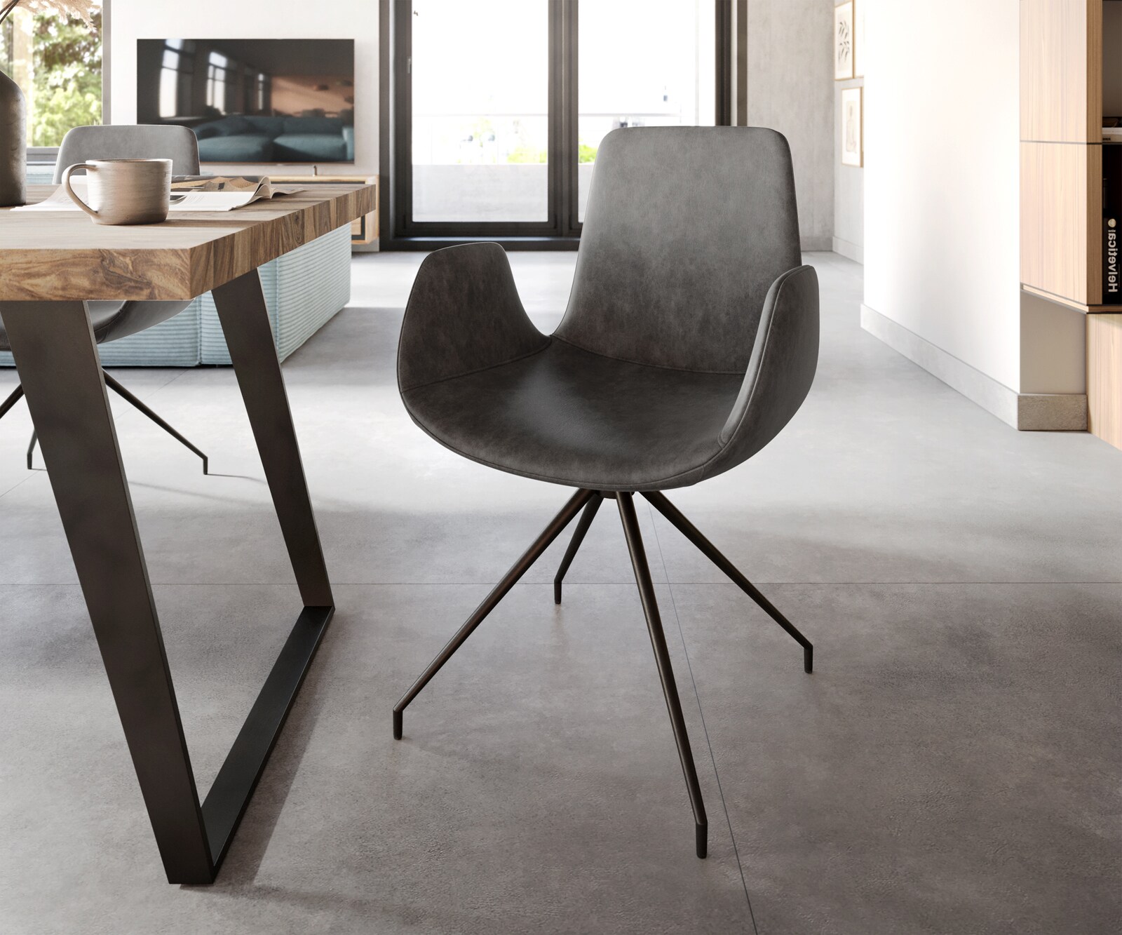 Eetkamerstoel Ilia-Flex met armleuning microvelours antraciet vintage kruisframe conisch zwart